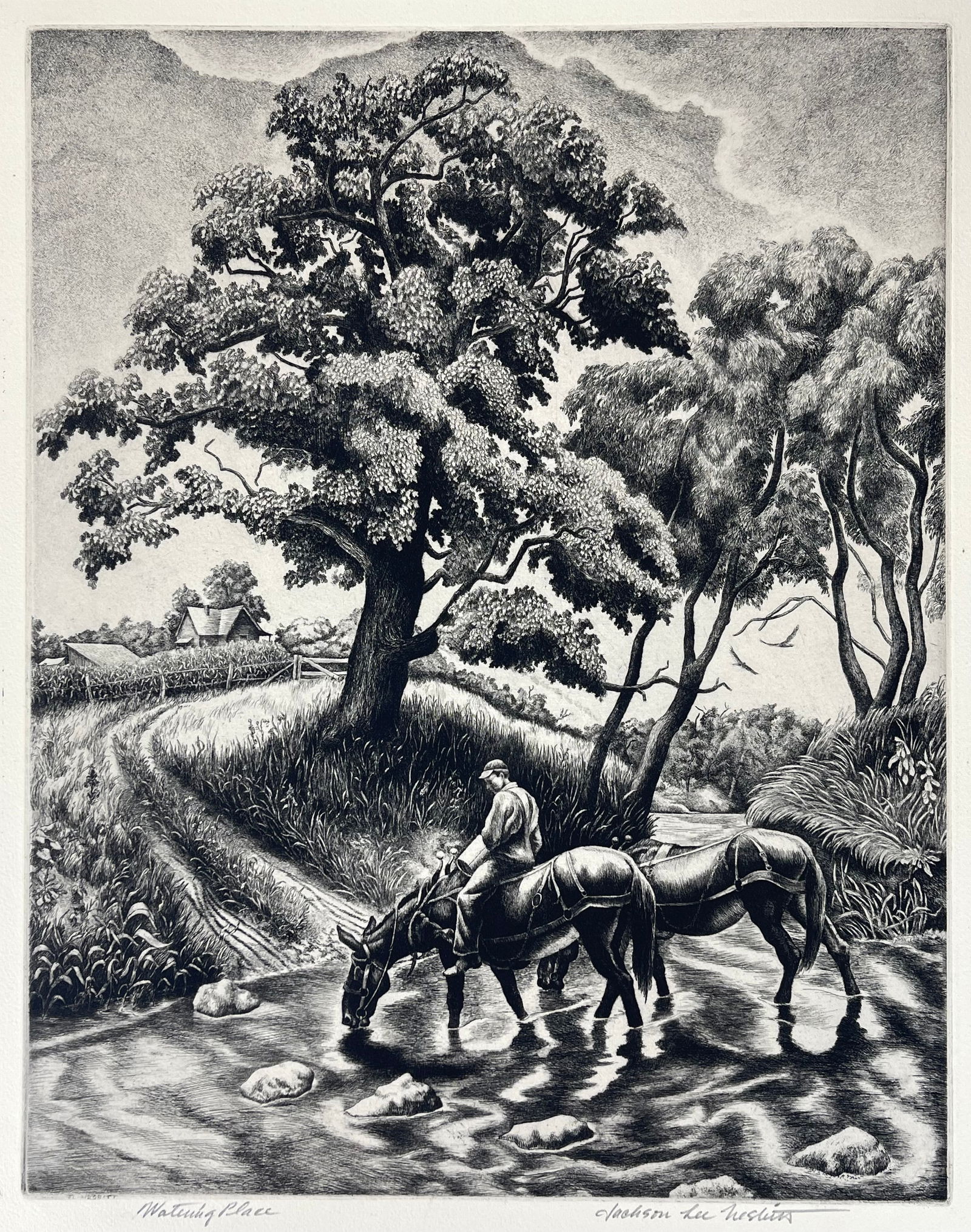 Jackson Lee Nesbitt (American, 1913-2008), Watering Place, Signed Etching: Watering Place, pencil signed limited edition etching by Jackson Lee Nesbitt, for Associated American Artists. Pencil signed on the recto. Image: 12 1/8" x 9 1/2". Sheet: 16 1/8" x 12 1/2". Matted wit