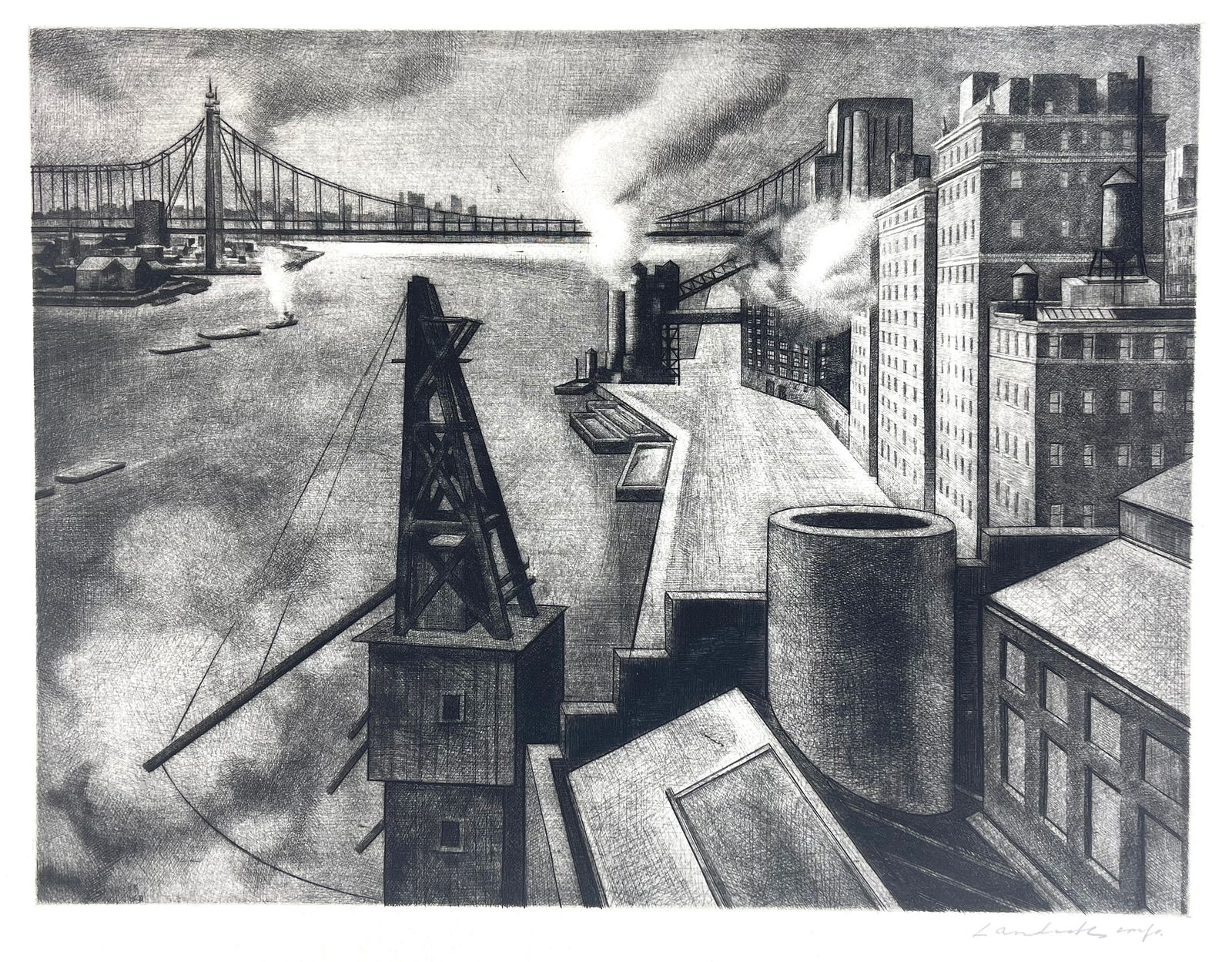 Armin Landeck (American, 1905-1984), East River, Manhattan, Etching.: East River, Manhattan, etching, pencil signed in the recto by Armin Landeck. Image size: 9 3/4" x 12 7/8". Sheet size: 14 1/8" x 18". Mat size: 15 1/4" x 18 1/4". Not mounted with a backing board. W