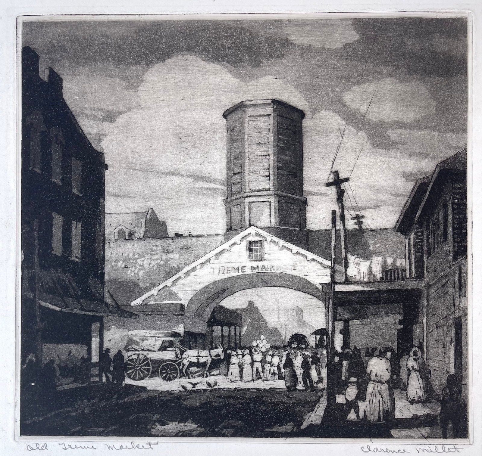 Clarence Millet (American, 1897-1959), Old Treme Market, Signed Aquatint: Old Treme Market, pencil signed aquatint by Clarence Millet. Looks like perhaps a Mardi Gras procession is moving thru a New Orleans market. Image: 8.375" x 8.875" Sheet: 9.75 x 10.875". Archival mat: