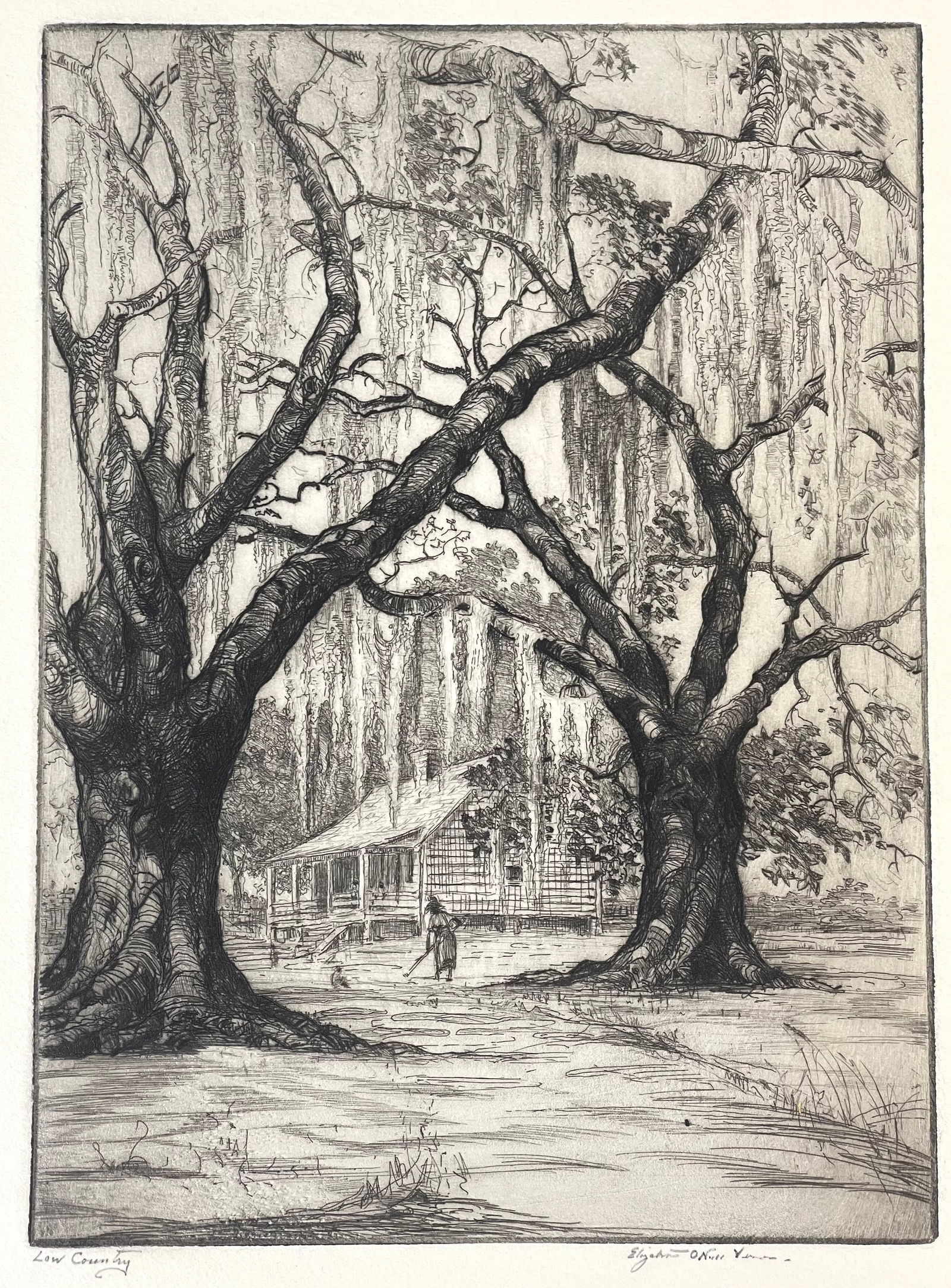 Elizabeth O'Neill Verner (American, 1883-1979), Low Country, Signed Etching: Low Country, pencil signed etching with drypoint, by Elizabeth O'Neill Verner, depicts someone working the land under the Spanish Moss covered canopy of southern oak trees. Image: 6.75" x 5". Sheet: 1