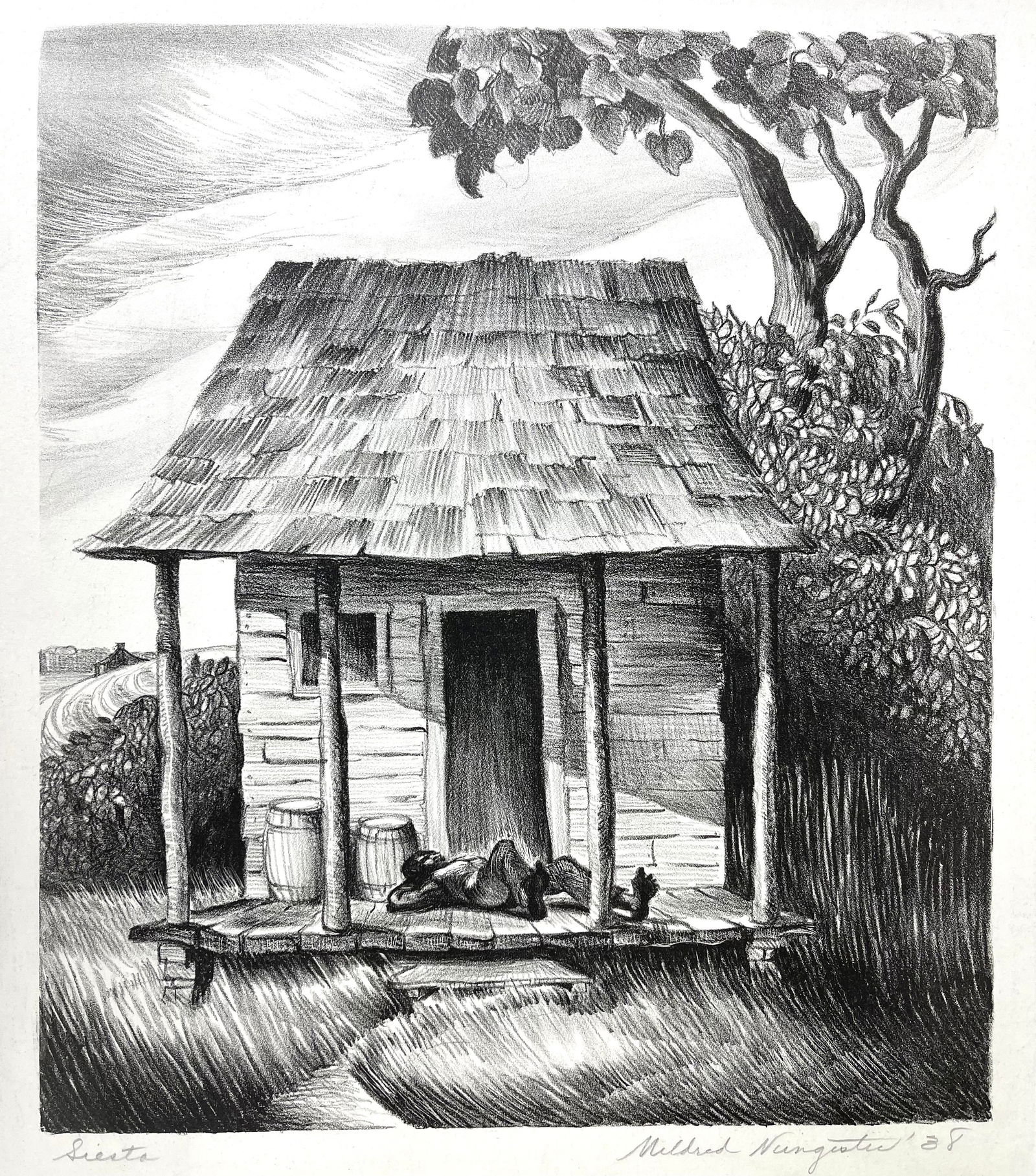 Mildred Nungester (American, 1912-2009), Siesta, 1938, Signed Lithograph: Siesta, 1938. Lithograph by Mildred Nungester Wolfe. Pencil signed Mildred Nungester '38 lithograph. Image: 13" x 11.25". Sheet: 19.25" x 16". Archival mat 20.5" x 18.625". Mildred Nungester Wolfe was