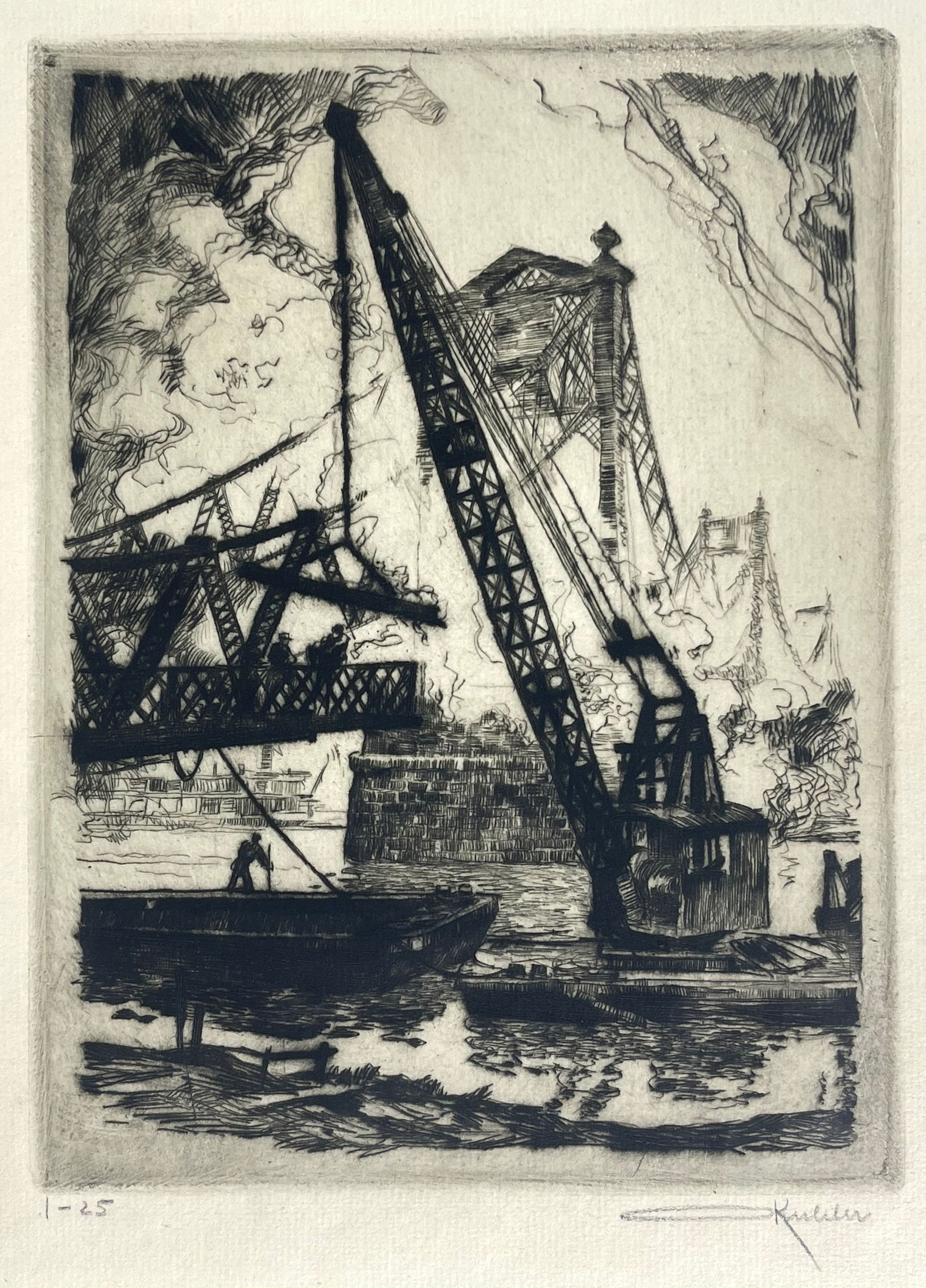 Otto Kuhler (German American, 1894-1977), Wrecking A Bridge, 1-25 (1925) Etching and drypoint (1 of 5)