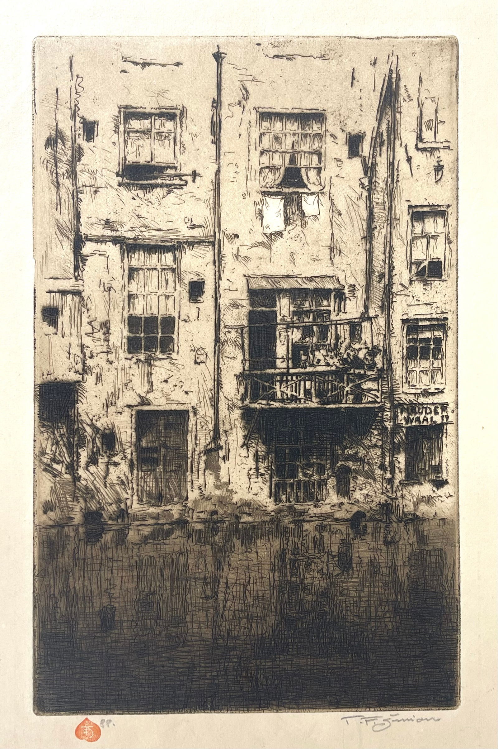 Tavik Frantisek Simon (Czech, 1877-1942), Old Houses Amsterdam, Signed Etching: Old Houses Amsterdam, penciled signed etching by Tavik Frantisek Simon. Signed on the recto, with monogram on the verso with penciled "88". Looking at other prints of this work, I believe the 88, is t