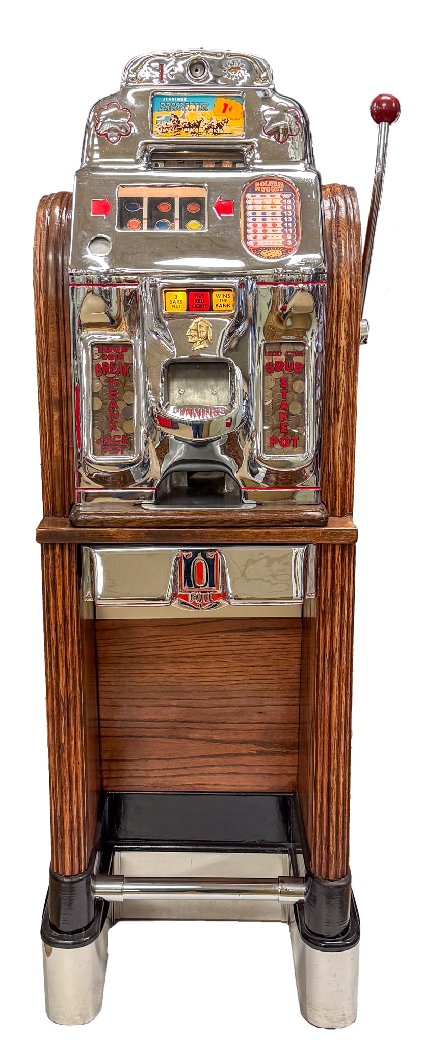 O.D. Jennings Prospector 1¢ Console Slot Machine: Vintage O.D. Jennings Prospector 1 cent console 3 reel slot machine. This is a floor model console slot machine with beautiful wood finish and cast aluminum front, detailed in red. Great top panel sho