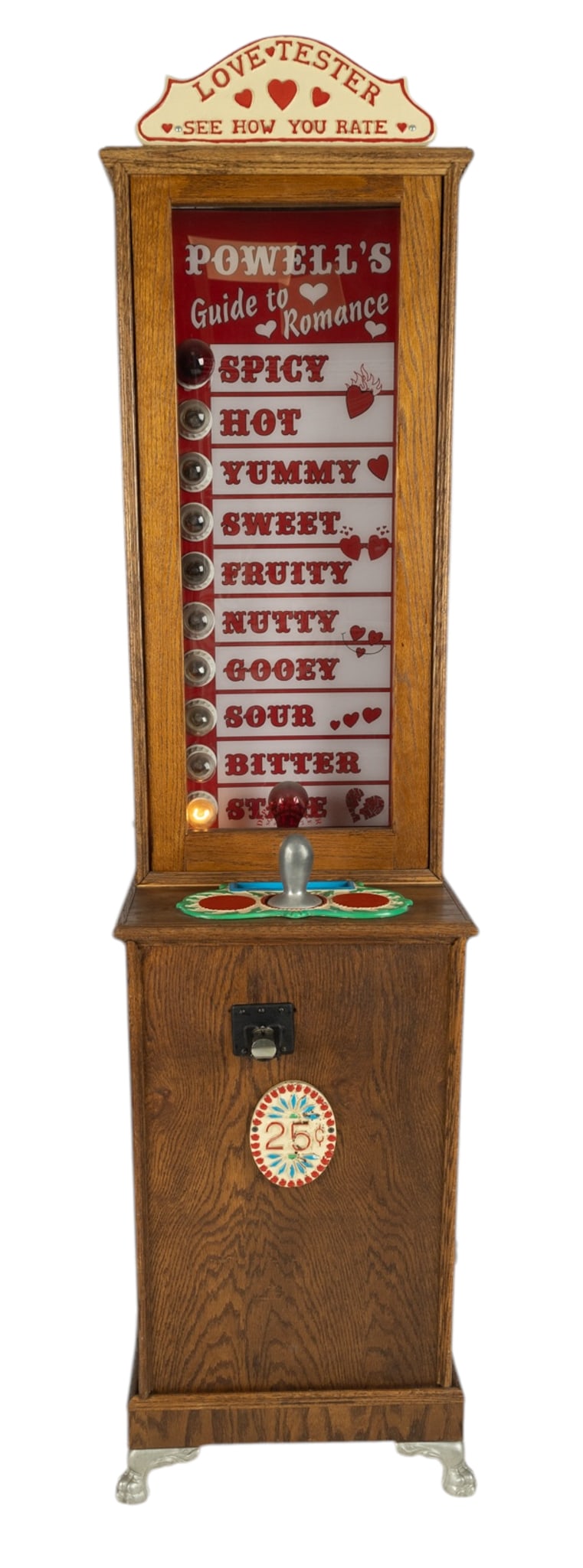 Vintage Powell’s Guide To Romance Arcade: Vintage Powell’s Guide To Romance.arcade game. Very nice wood case. Front glass covers all the categories related to romance. This is a 25¢ game. The 10 levels range from Stale up to Spicy.