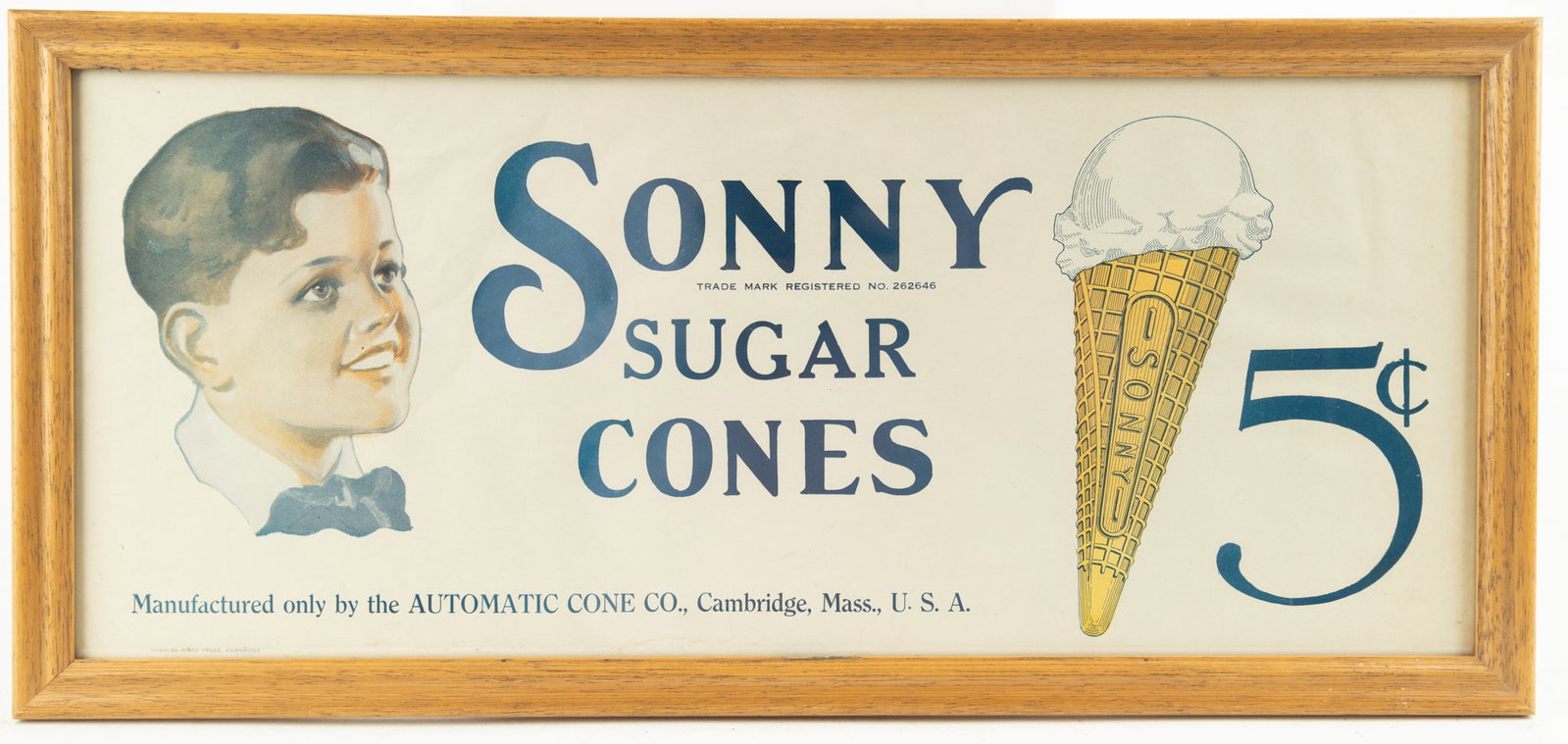 Antique Sonny Sugar Cone Advertisement: Antique “Sonny Sugar Cones” advertising print made by the Automatic Cone Co., Cambridge, Mass. USA. Offset printed 2 colors on cream colored stock, this original advertisement has the prin