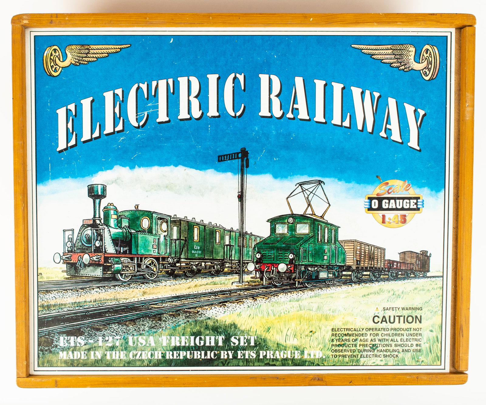 Vintage ETS Prague Ltd Electric Railway Set: Vintage ETS Prague Ltd Electric Railway, ETS-127 USA Freight Set. Made in the Czech Republic. Set come is a wood box with a lid that slides off to the side. Great color picture on the front. The train