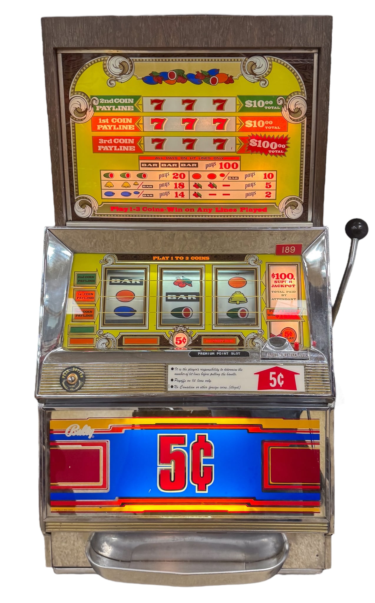 Vintage Bally 3 Bar Premium Point 5¢ Slot Machine (1 of 6)