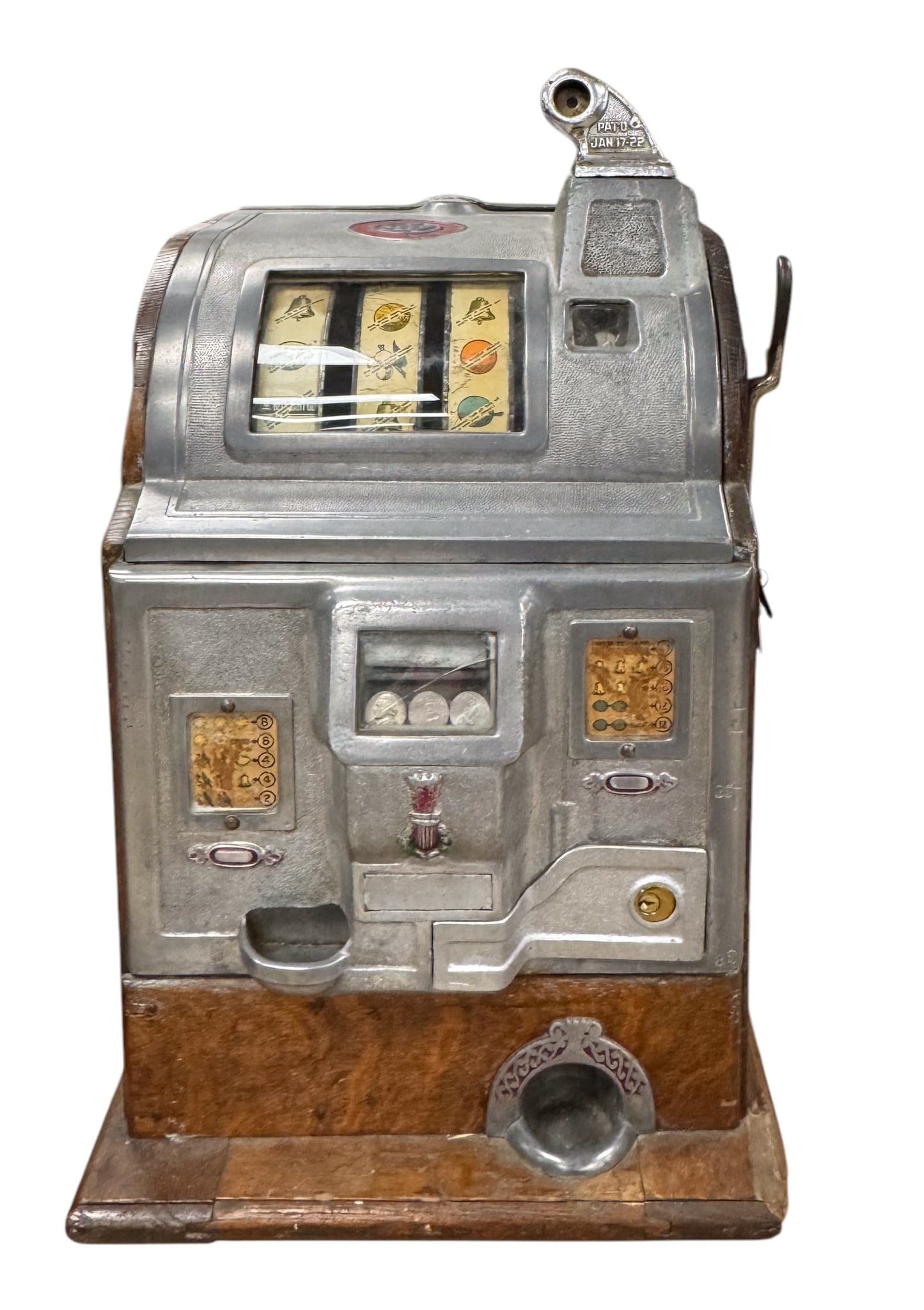 Antique Jennings 5¢ Slot Machine: Antique Jennings 5¢ slot machine, likely 1920s. Machine has a unique front design. Bottom of machine has a wood front panel and metal locking access door. The Jennings symbol is on the top of the