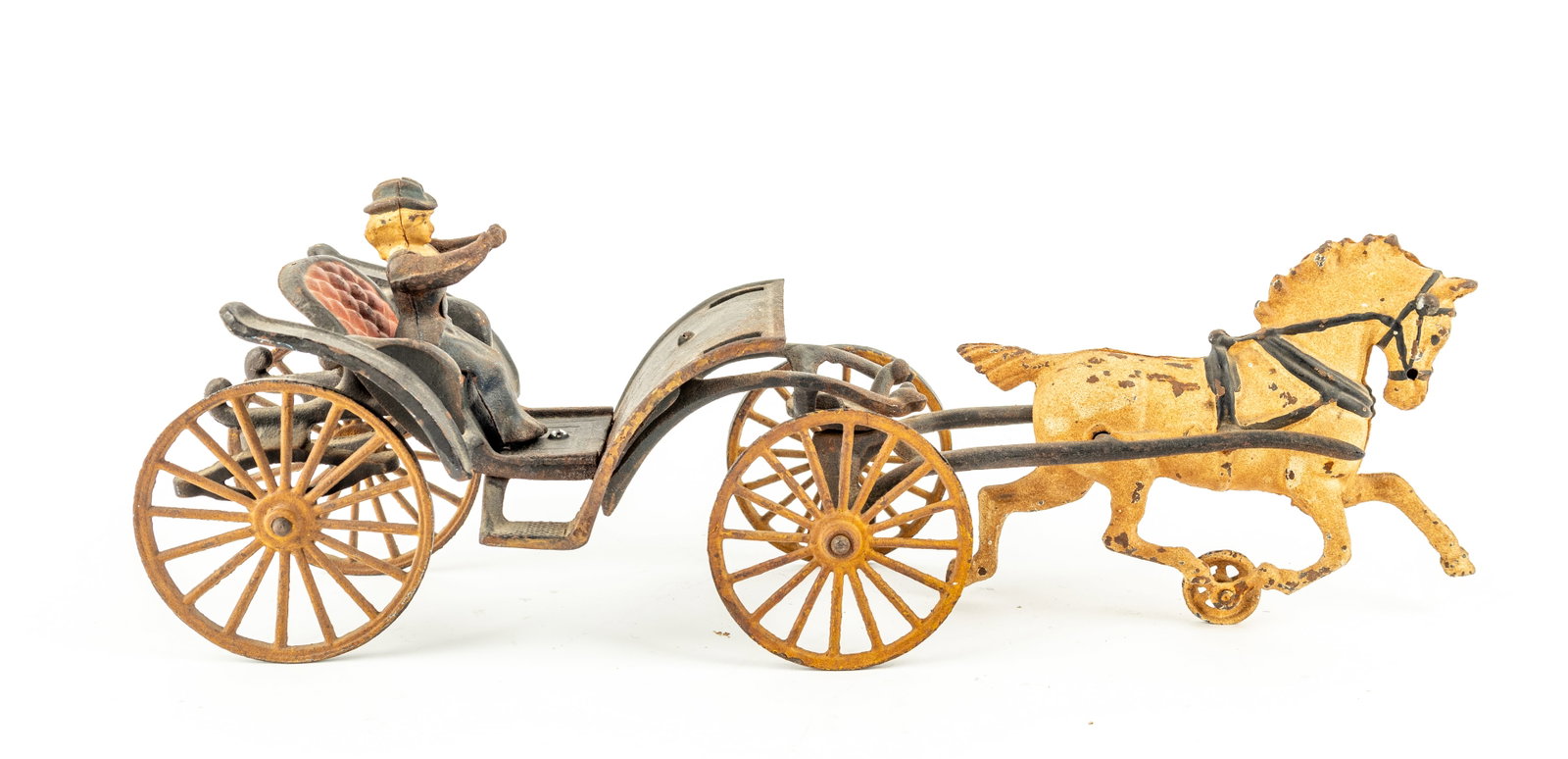 Antique Wilkins Cast Iron Horse Drawn Carriage: Antique Wilkins cast iron horse drawn carriage, circa 1881. In good condition, most of original paint is worn, still shows on horse, wheels and carriage seat. Has a woman driver. Good rolling carriage