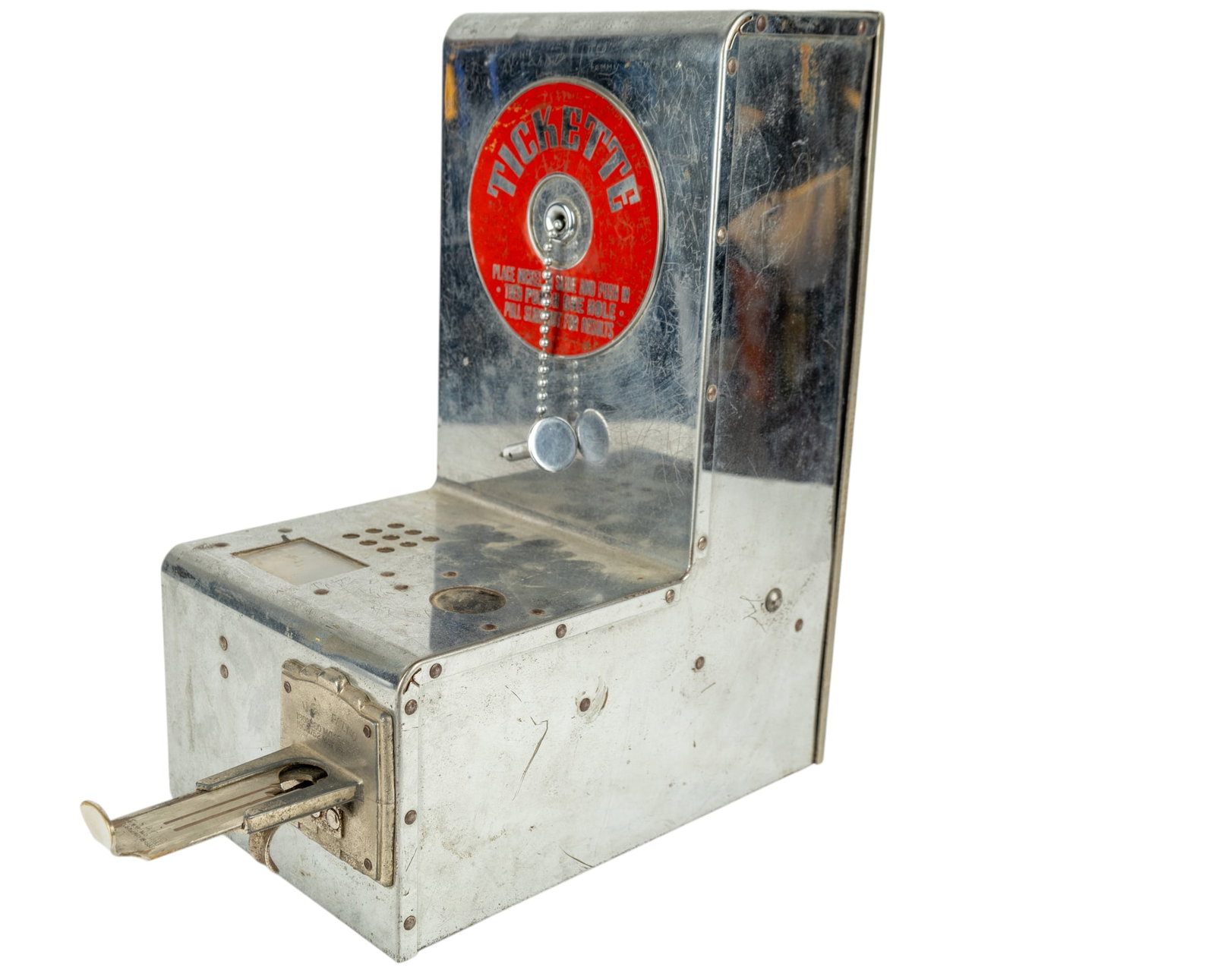 Vintage Mills Tickette Trade Stimulator: Vintage Mills Tickette Trade Stimulator, circa 1933, a countertop nickel ticket punch gaming machine popular in the early 20th century that encourages customers to spend money by offering a chance to 