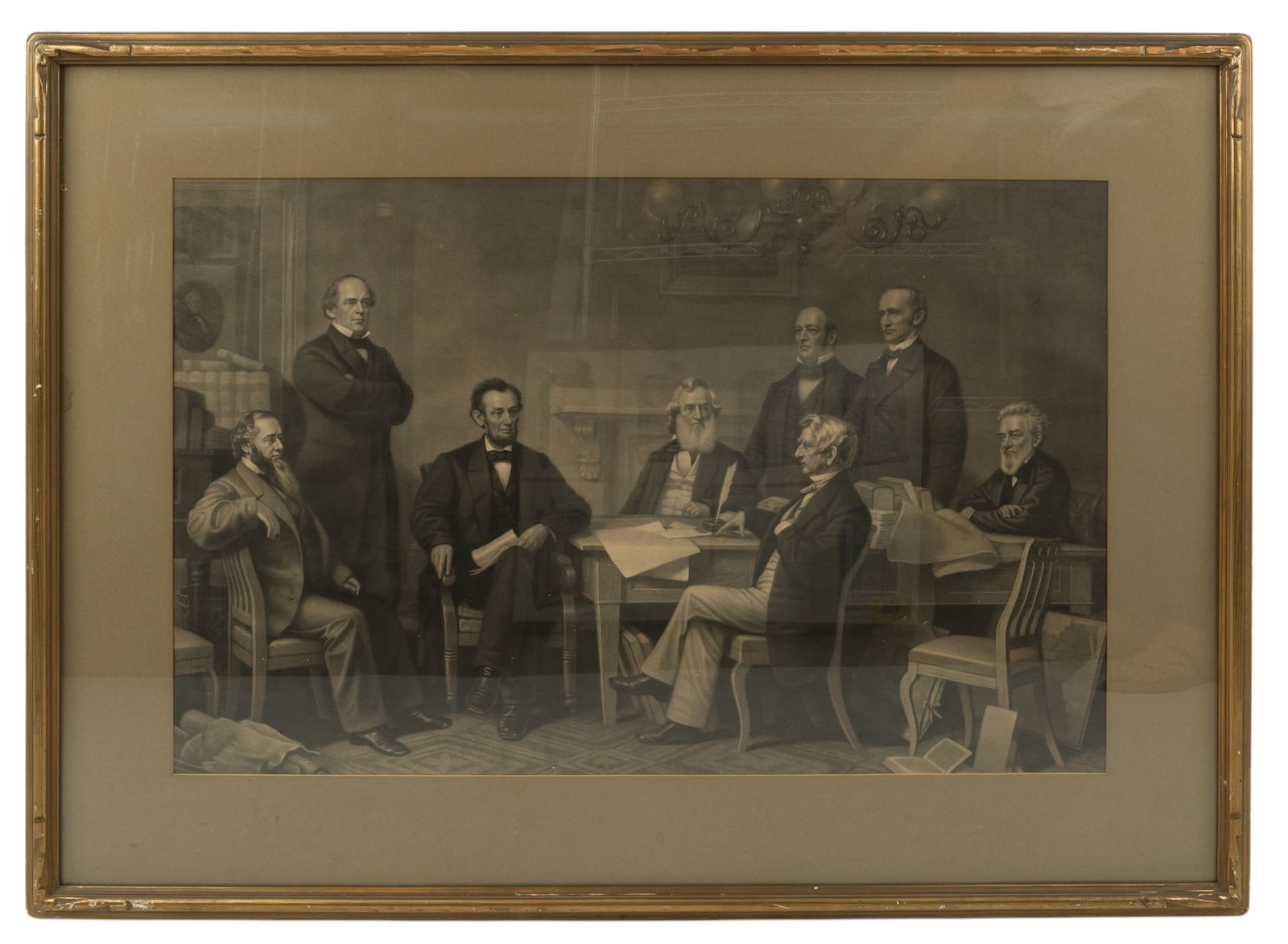 Antique Framed FB Carpenter Famous Engraving: Antique Francis Bicknell Carpenter engraved famous print entitled “First Reading of the Emancipation Proclamation” framed under glass. Matted within a 4” green colored mat and framed