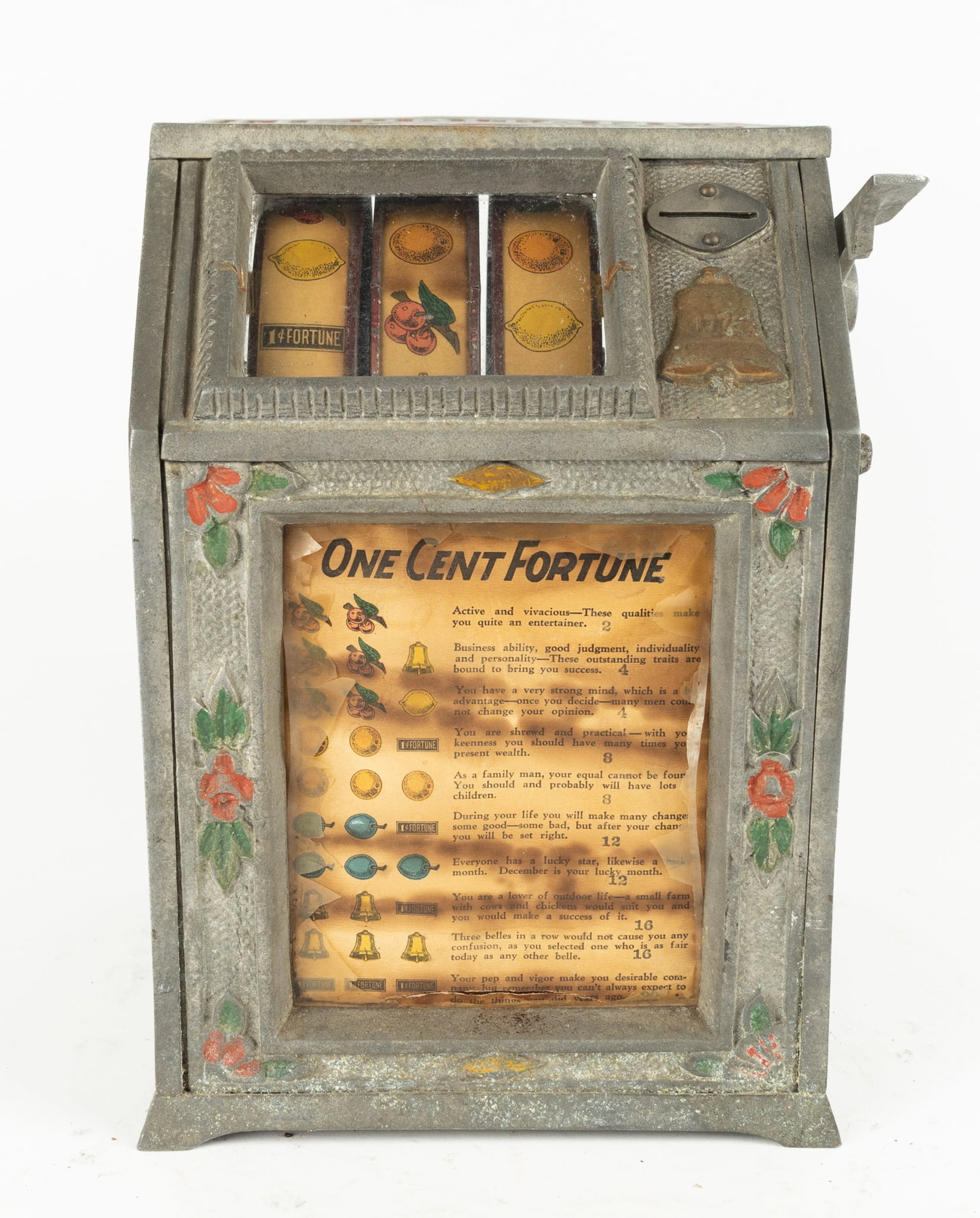 Puritan Baby Bell Fortune 1¢ Trade Stimulator: Vintage “Puritan Baby Bell” fortune 1¢ trade stimulator. This very ornate trade stimulator resembles slot machines of the day with the detailed and varied designs in the cast metal ca