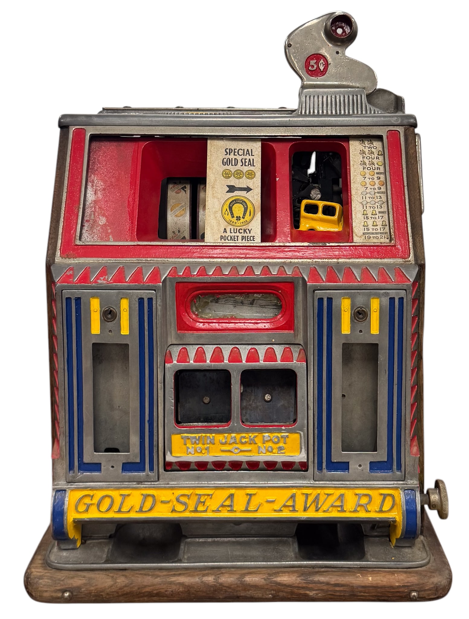 Vintage Watling Baby Bell Slot Machine Project: Vintage Watling Gold Seal Award model mechanical 5 cent slot machine circa 1933. This machine has twin jackpots and likely dispensed mints or tokens on the front and is offered as a non-operating rest