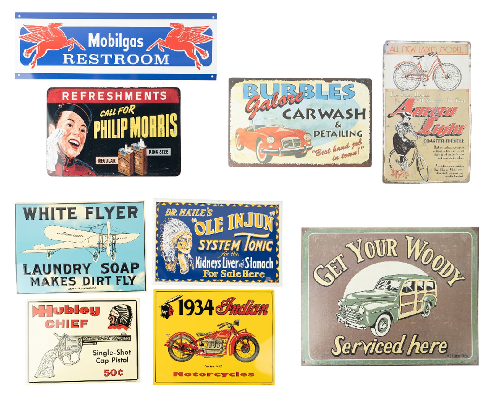 Lot of 9 Retro Metal Advertising Signs: Great lot of 9 reproduction vintage retro metal advertising signs of various subjects and sizes as follows: - Phillip Morris - 8 X 12” - Mobilgas Restroom - 6 x 18” - Dr. Hailes Tonic R