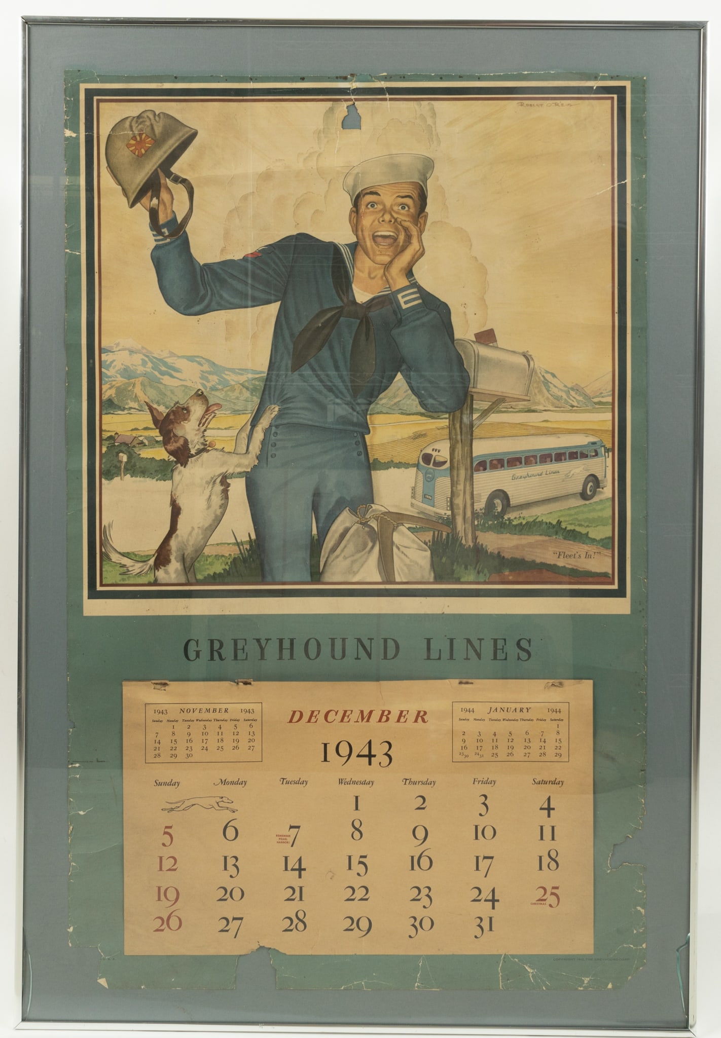 Vintage Greyhound 1943 Wall Calendar: Original vintage Greyhound wall calendar depicting a sailor and dog with a Greyhound bus in the background. The month of December is left attached. Marked “Copyright 1942 The Greyhound Corp̶