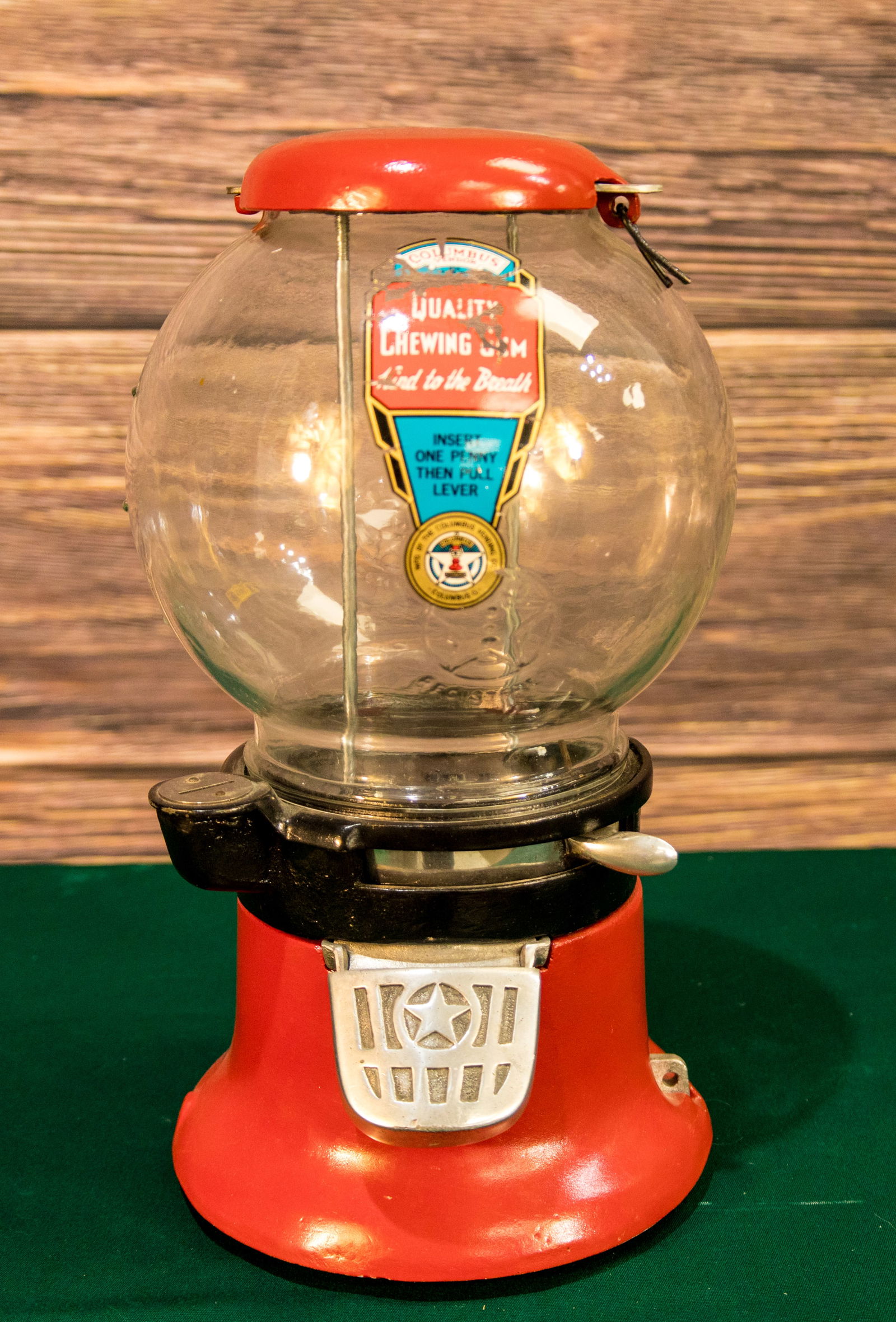 Vintage 1920s 1¢ Columbus Model A Gumball Machine: Vintage 1¢ Columbus Model A, circa 1920s gumball machine from Columbus Vendor Company. One of the older types of gumball machines. Columbus decal on the globe with parts missing has bright colors