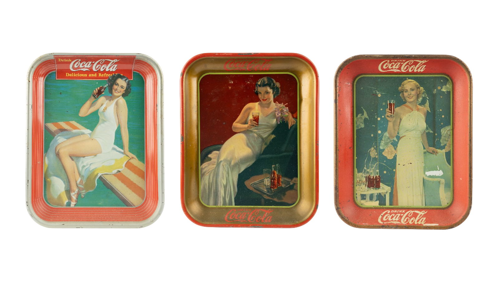 3 Coca Cola 1930s Soda Fountain Trays: Lot of 3 original 1930s Coca-Cola soda fountain trays in good used condition. They include the following: - 1935, American Artworks, Inc. Shows Madge Evans, MGM actress in a fancy gown have a glass of