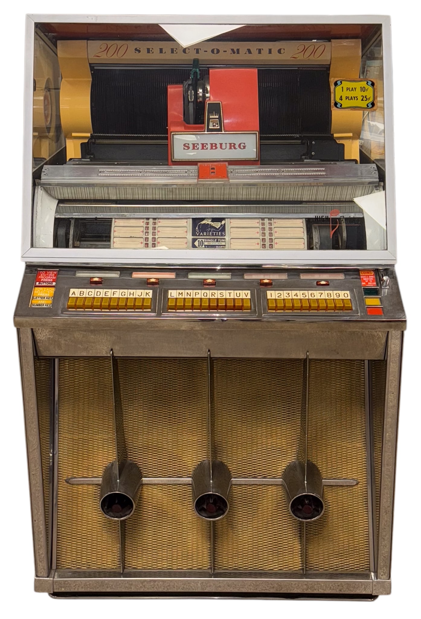 Seeburg Select-O-Matic 200 Model KD-200 Jukebox: Vintage Seeburg Select-O-Matic 200 Model KD-200 jukebox, serial number 201210. This High Fidelity jukebox held 100 records for 200 total songs. The records were 45 RPM. This unit includes just a few r