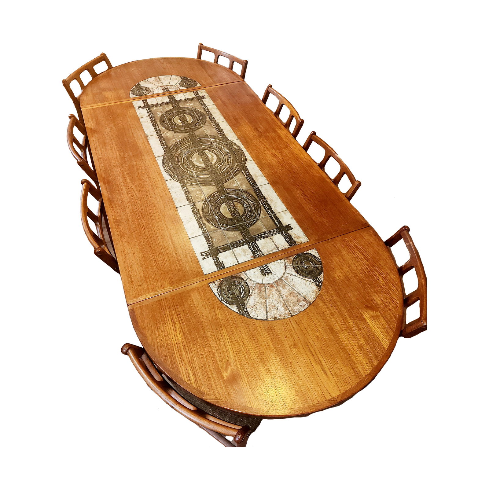 Folding Dining Room Table with Ceramic Tile and 8 Dining Chairs: Material Culture: Mid Century Folding Dining Room Table with Original Ceramic Art Tile inlay, signed by the artist, including 8 Upholstered Dining Chairs The chairs have light scratches from being tra