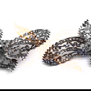 VICTORIAN ERA ITALIAN GOLD AND SILVER LAYERED DIAMOND BOW BROOCH, 9K GOLD AND SILVER: VICTORIAN ERA ITALIAN GOLD AND SILVER LAYERED DIAMOND BOW BROOCH, 9K GOLD AND SILVER Length: 2 13/16 in. (71.6 mm), Weight: 18.7 g