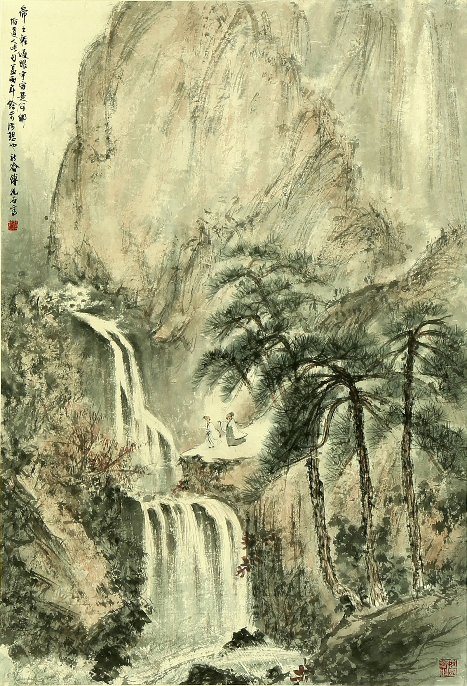 A COLORED INK HANGING SCROLL ON PAPER, “WATERFALL,?? BY THE CHINESE ARTIST FU BAOSHI: A COLORED INK HANGING SCROLL ON PAPER, “WATERFALL,” BY THE CHINESE ARTIST FU BAOSHI 34 1/4 × 23 1/4 in. (87×59 cm)