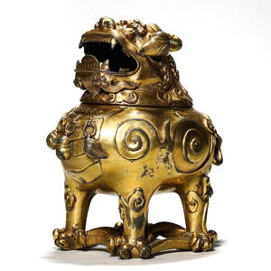 A CHINESE GILT-BRONZE CENSER WITH LUDUAN-FORM KNOP, MARKED “XUANDE NIAN ZHI,?? POSSIBLY MING