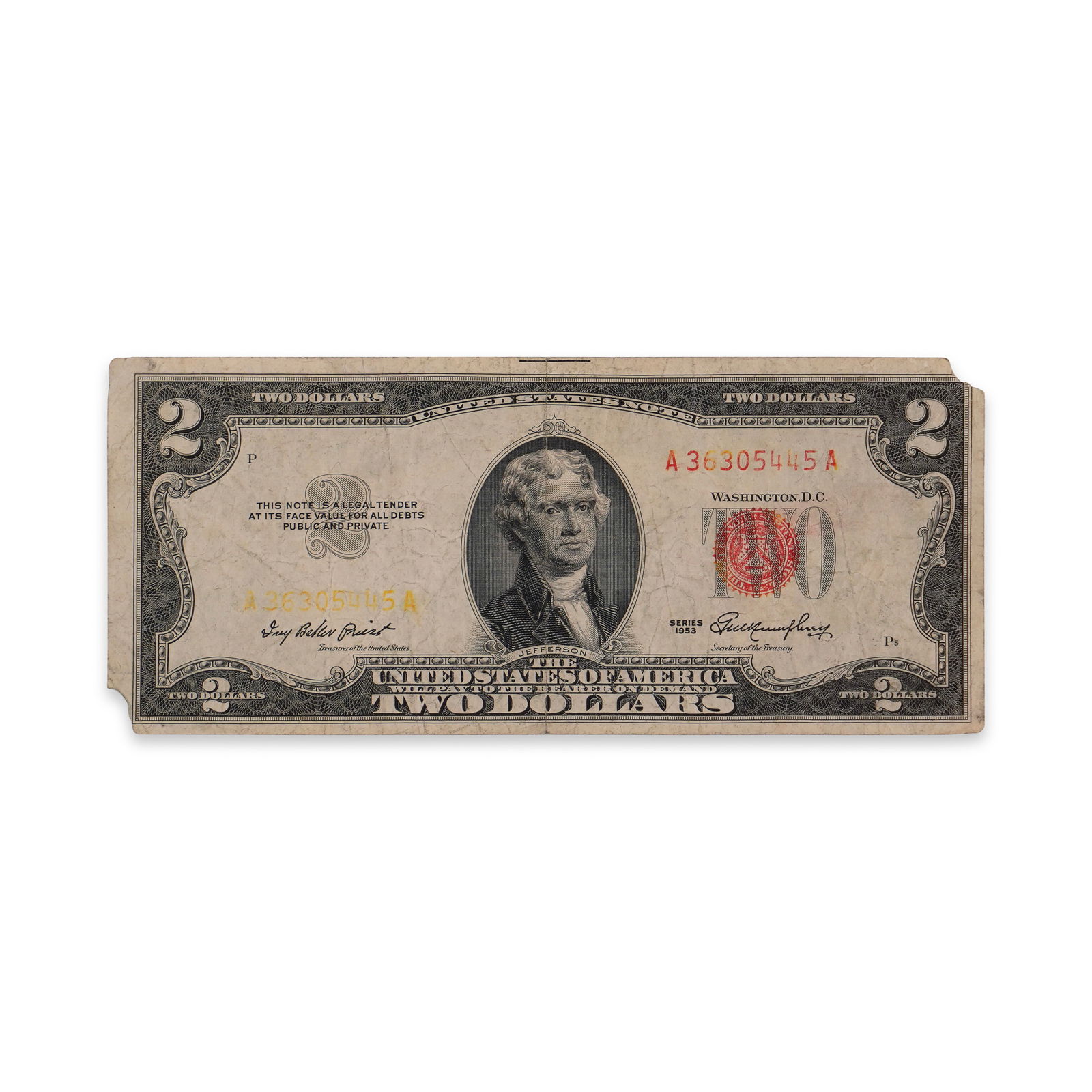 MARILYN MONROE SIGNED $2 RED SEAL NOTE, SERIES 1953 (1 of 2)