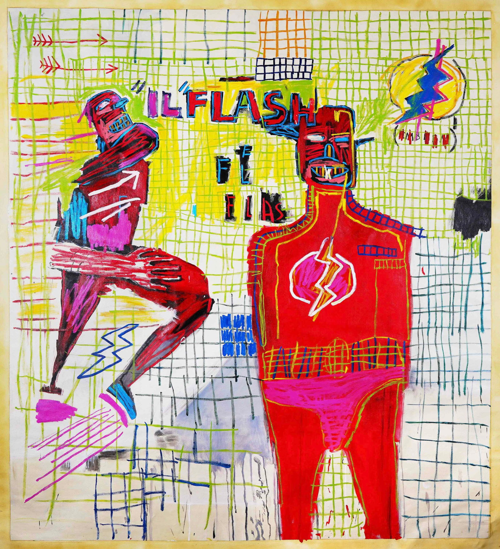 JEAN-MICHEL BASQUIAT (1960-1988), ACRYLIC ON CANVAS: Image dimensions: 65 x 59 in (165 x 150 cm) Signed (verso) Jean-Michel Basquiat (1960-1988) was a transformative force in the New York art scene of the 1980s. Drawing from street graffiti, Black cultu