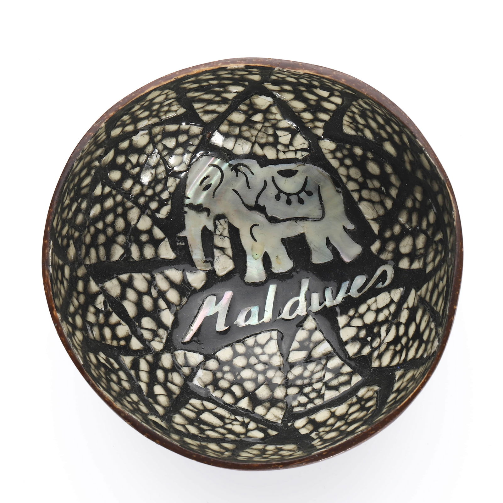 A HANDCRAFTED COCONUT SHELL BOWL WITH MOTHER-OF-PEARL INLAY, MALDIVES (1 of 4)
