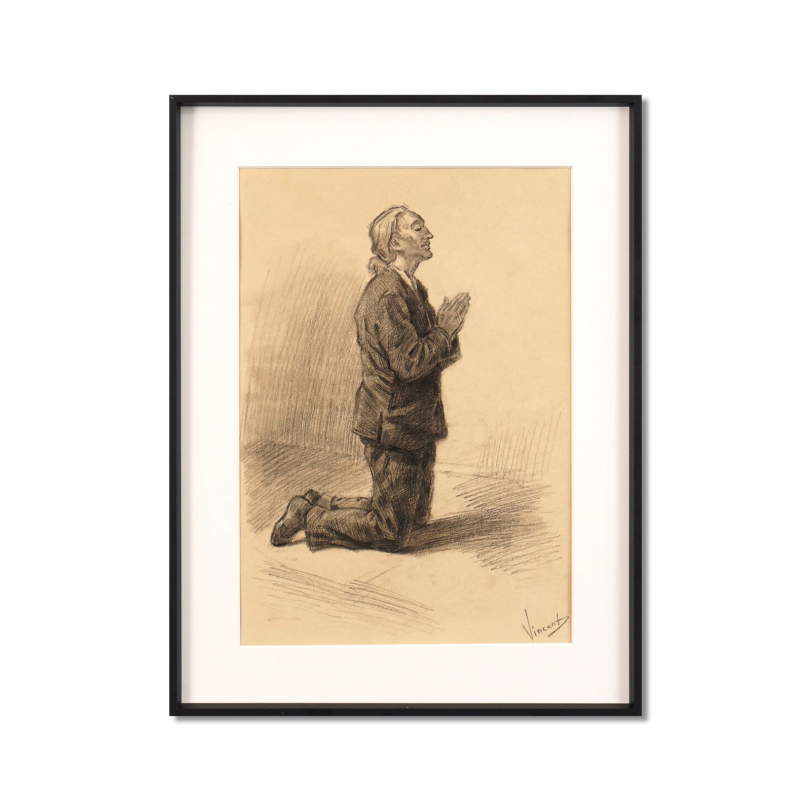 VINCENT VAN GOGH (1853-1890), CHARCOAL ON PAPER: Signed (lower right) Image Dimensions: 714 7/8 x 10 3/8 in (37.8 x 26.3 cm) This painting comes with COA. Created during Van Gogh's formative Hague period in 1882, Man Praying captures the artist's pr