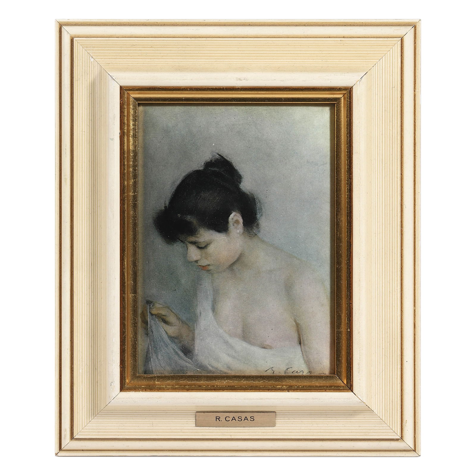A SPANISH PASTEL PORTRAIT BY RAMON CASAS, POSSIBLY 1890s: Study of a Young Woman, Possibly 1890s Pastel on paper, framed. Signed “R. Casas” (lower right). Dimensions: Overall: Length: 22.3 cm; Width: 18.5 cm. Image: Length: 13.5 cm; Width: 9.9 cm. De