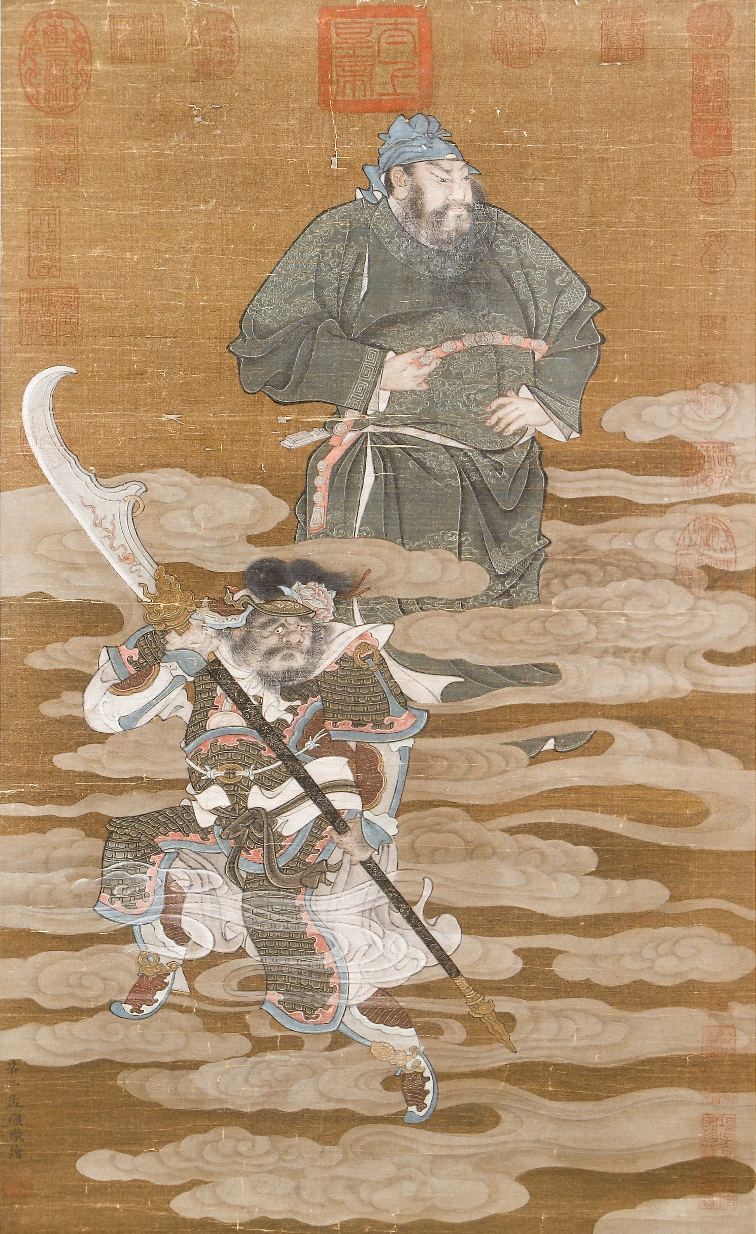 Zhao Mengfu "Guan Gong and Zhou Cang Traveling in Clouds" Meticulous Color Hanging Scroll: L:78cm W:47cm This Yuan Dynasty Zhao Mengfu "Guan Gong and Zhou Cang Traveling in Clouds" Meticulous Color Hanging Scroll is exquisitely crafted. As a fine figure painting by the leader of the Yuan Dy