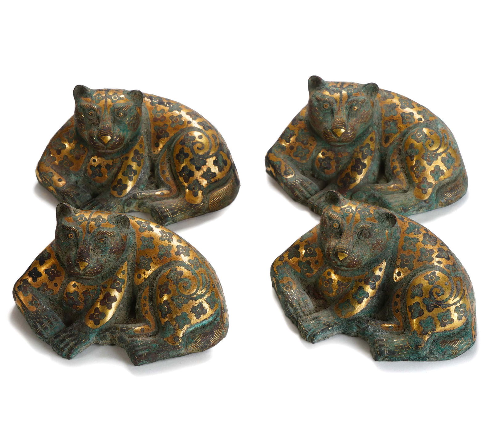 Gold-Inlaid Bronze Bear-Shaped Paper Weights (Set of Four): H:5cm L:8cm W:5cm This set of four Gold-Inlaid Bronze Bear-Shaped Paper Weights features exquisite craftsmanship. Made of bronze, they adopt the gold-inlay technique. The bear shapes are charming and