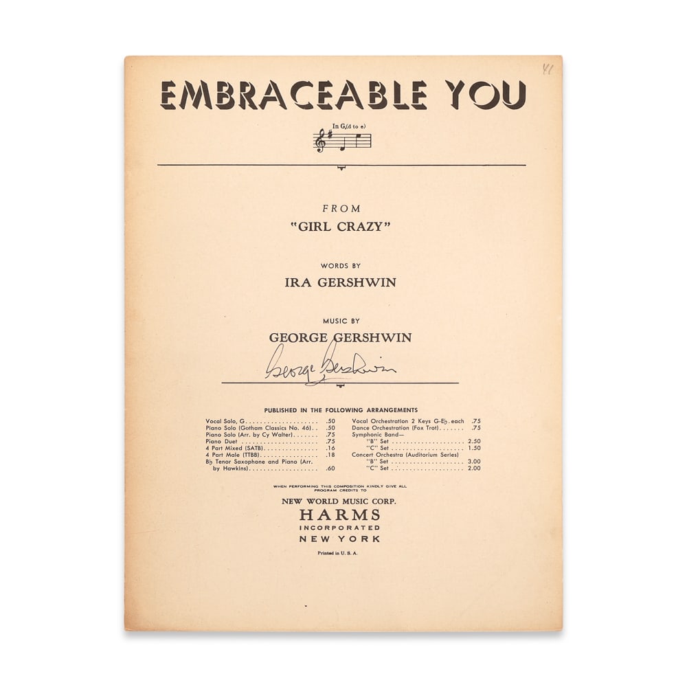 GEORGE GERSHWIN SIGNED SHEET MUSIC - "EMBRACEABLE YOU" (1 of 3)