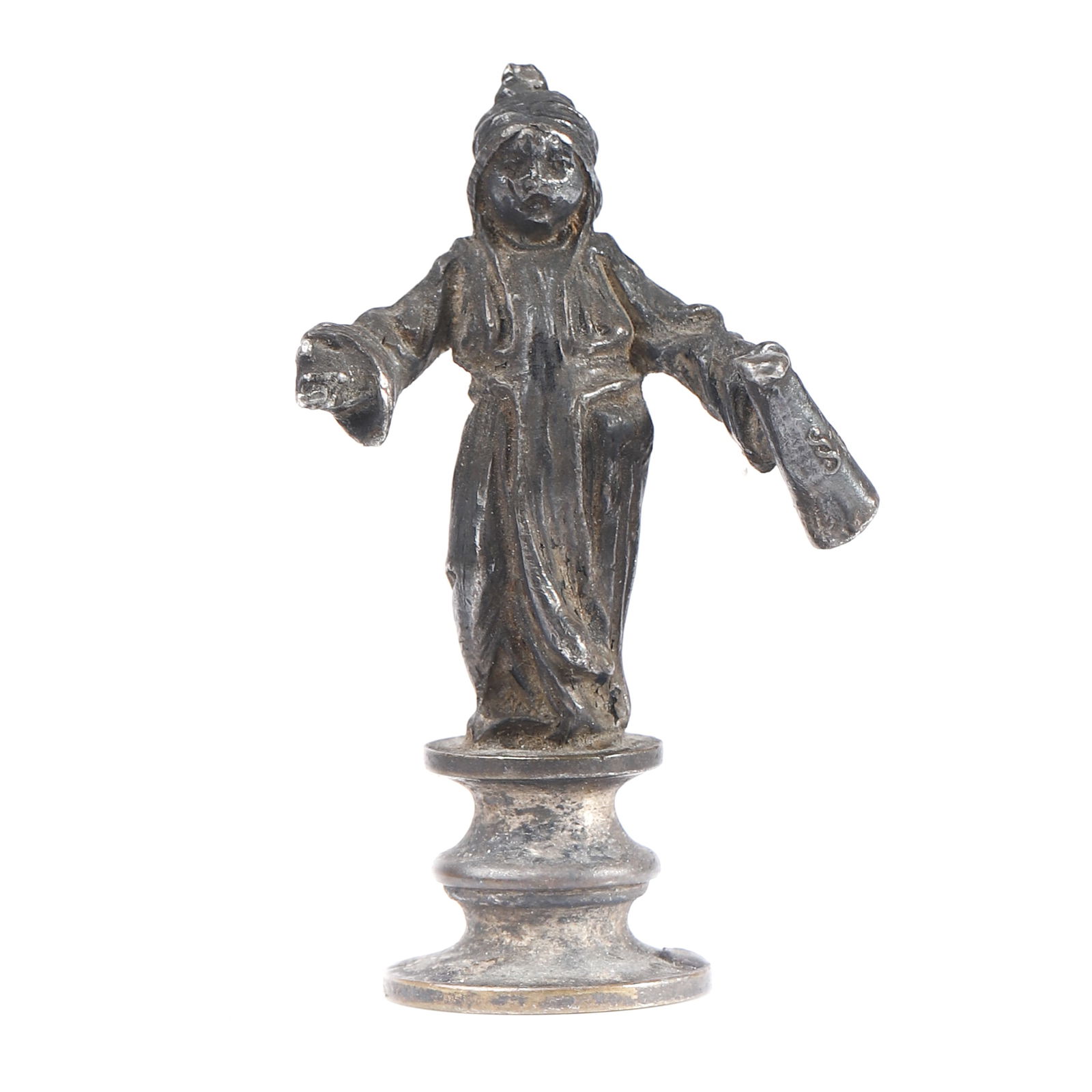 BRONZE FIGURAL SEAL DEPICTING A ROBED FIGURE (1 of 4)