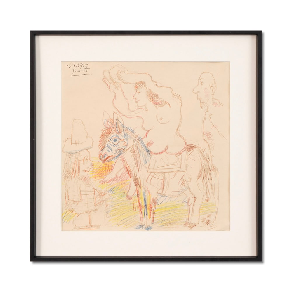 PABLO PICASSO (1881-1973), COLOUR PENCIL AND CRAYONS ON PAPER: Signed (upper left) Image Dimensions: 12 x 12 in (30.5 x 30.5 cm) Framed Dimensions: 16 1/8 x 16 1/8 in (41 x 41 cm) This painting comes with COA. Pablo Picasso stands as one of the most prolific and