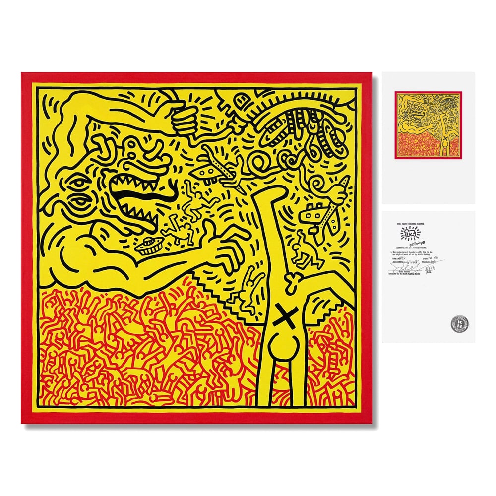 KEITH HARING (1958-1990), ACRYLIC ON CANVAS: Signed (verso) Image Dimensions: 40 1/8 x 40 1/8 in (102 x 102 cm) This painting comes with coa. Keith Haring stands as one of the most influential visual voices of the late twentieth century. Rising