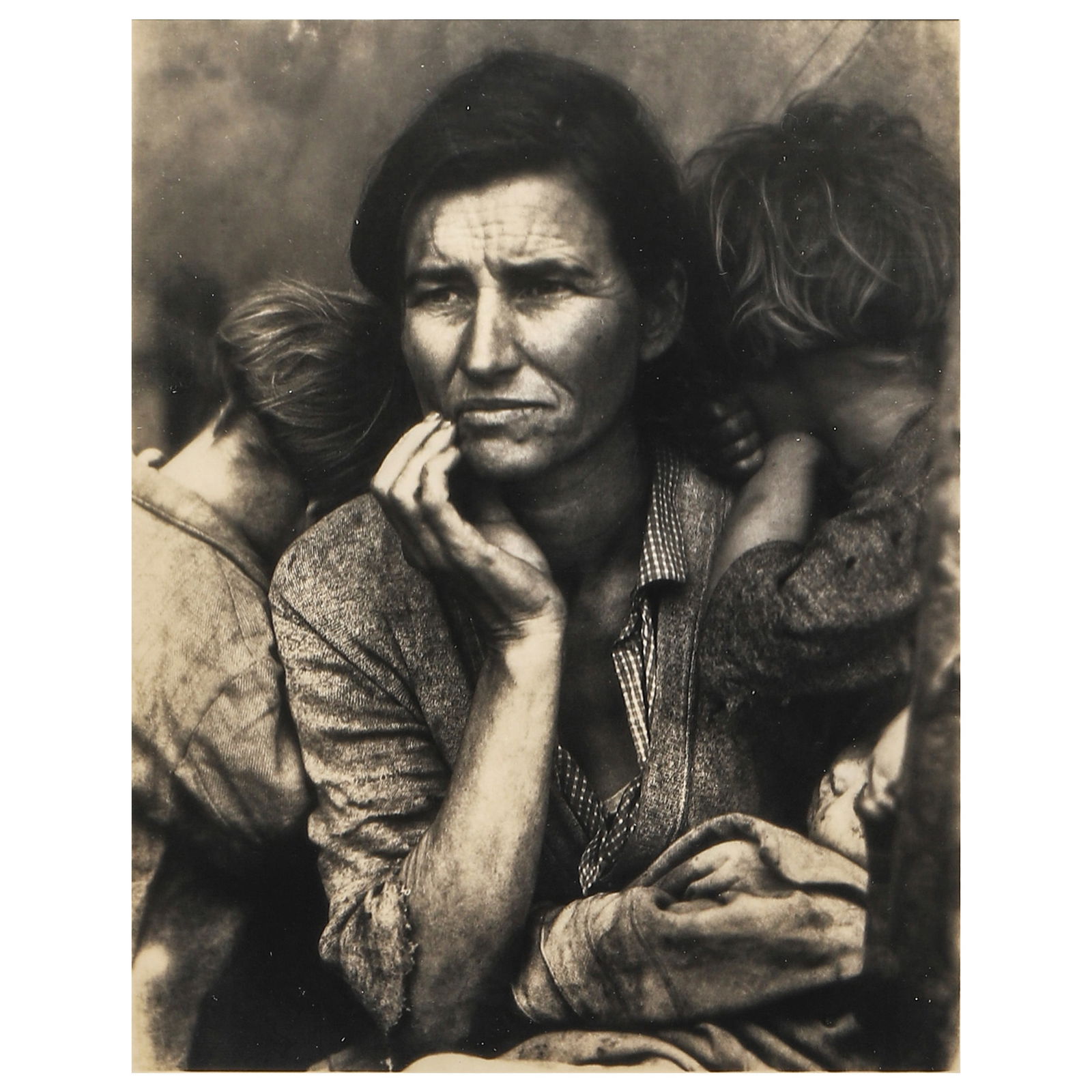 DOROTHEA LANGE (1895–1965)MIGRANT MOTHER: Description Artist DOROTHEA LANGE (1895–1965) Title MIGRANT MOTHER Medium Silver gelatin photograph, mounted on board Signature Pencil-signed at the lower right Dimensions Photograph: 7 1/2 × 9 1/2