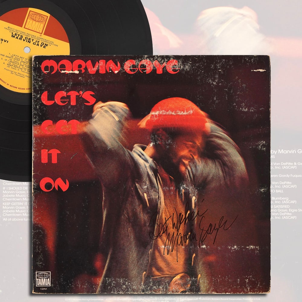 MARVIN GAYE SIGNED "LET'S GET IT ON" LP: 12 1/4 x 12 1/4 Provenance and Authentication: This collectible has undergone a rigorous forensic evaluation. The signatures were carefully analyzed across multiple criteria, including ink deposition,
