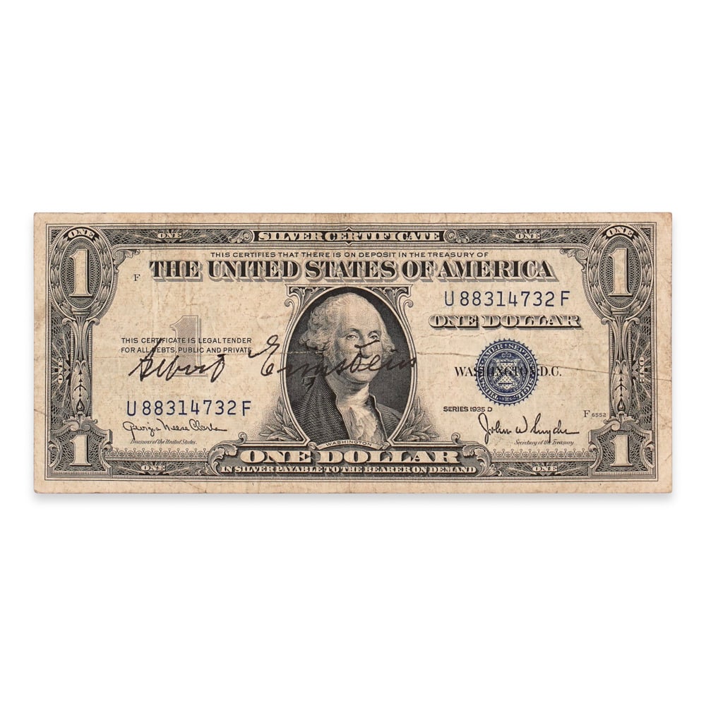ALBERT EINSTEIN SIGNED 1935 U.S. ONE DOLLAR SILVER CERTIFICATE: 6 1/8 x 2 1/2 in (15.5 x 6.5 cm) Provenance and Authentication: This collectible has undergone a rigorous forensic evaluation. The signatures were carefully analyzed across multiple criteria, includin