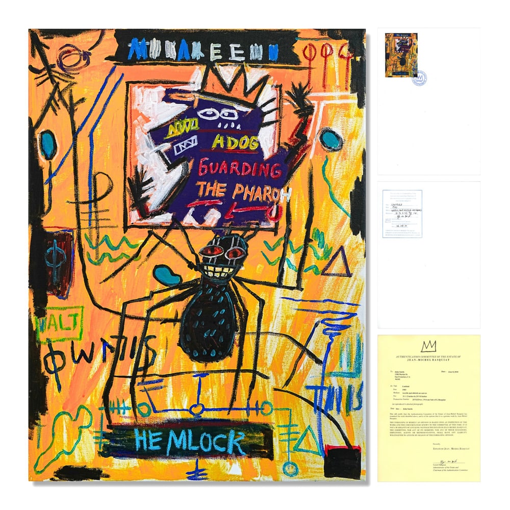 JEAN-MICHEL BASQUIAT (1960-1988), ACRYLIC AND OILSTICK ON CANVAS: Signed (verso) Image Dimensions: 31 1/2 x 23 5/8 in (80 x 60 cm) This painting comes with COA. Painted in 1983, this powerful canvas captures Jean-Michel Basquiat's fascination with dual entities and