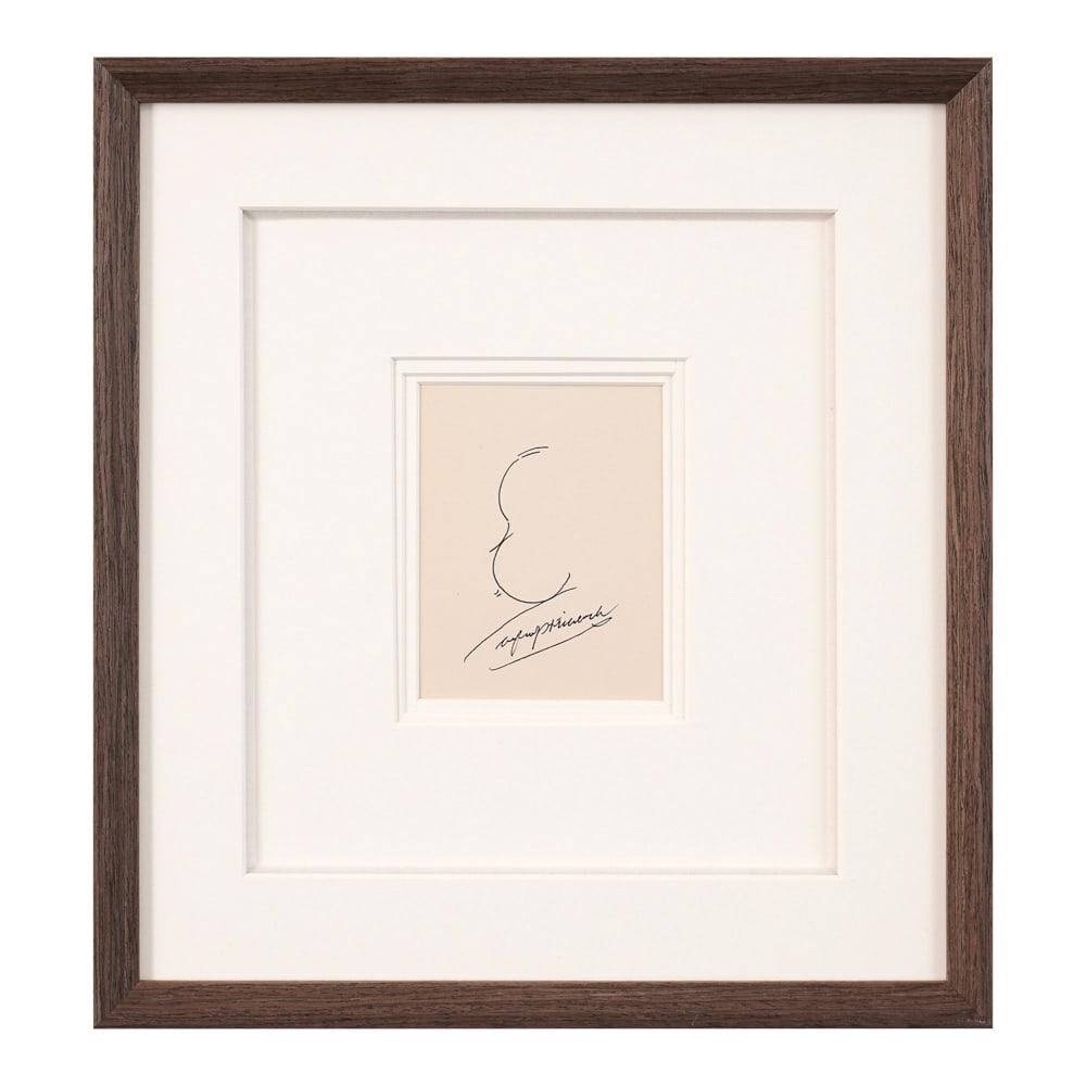 ALFRED HITCHCOCK SIGNED SELF PORTRAIT SKETCH: Image Dimensions: 5 3/4 x 4 3/8 in (14.5 x 11 cm) Framed Dimensions: 17 1/4 x 16 in (43.8 x 40.7 cm) Provenance and authentication: This collectible has undergone a rigorous forensic evaluation. The