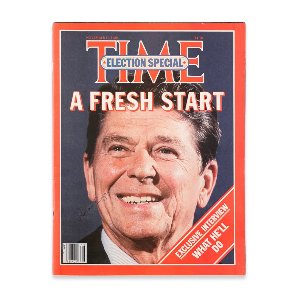 RONALD REAGAN SIGNED TIME COVER - 1980 ELECTION SPECIAL: Dimensions: 10 7/8 x 8 1/4 in (27.8 x 20.8 cm) Provenance and authentication: This collectible has undergone a rigorous forensic evaluation. The signatures were carefully analyzed across multiple
