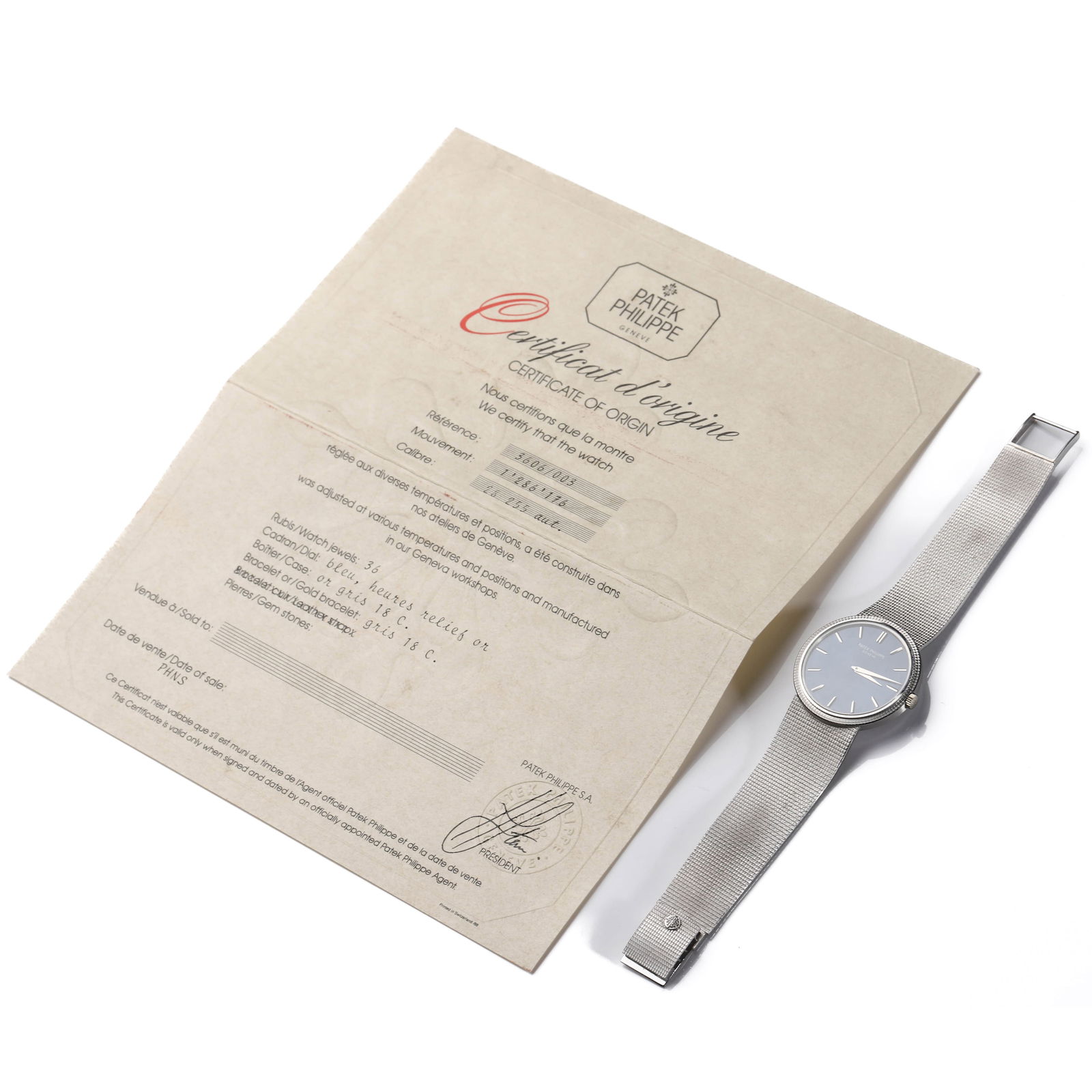 PATEK PHILIPPE GENEVE REF. 3606/003 18K WHITE GOLD AUTOMATIC WRISTWATCH WITH BRACELET: Dimensions Case diameter: 1 23/64 in. (34.4 mm); overall length approx. 7 15/32 in. (19 cm). Description A refined Patek Philippe automatic wristwatch, reference 3606/003, featuring a blue dial