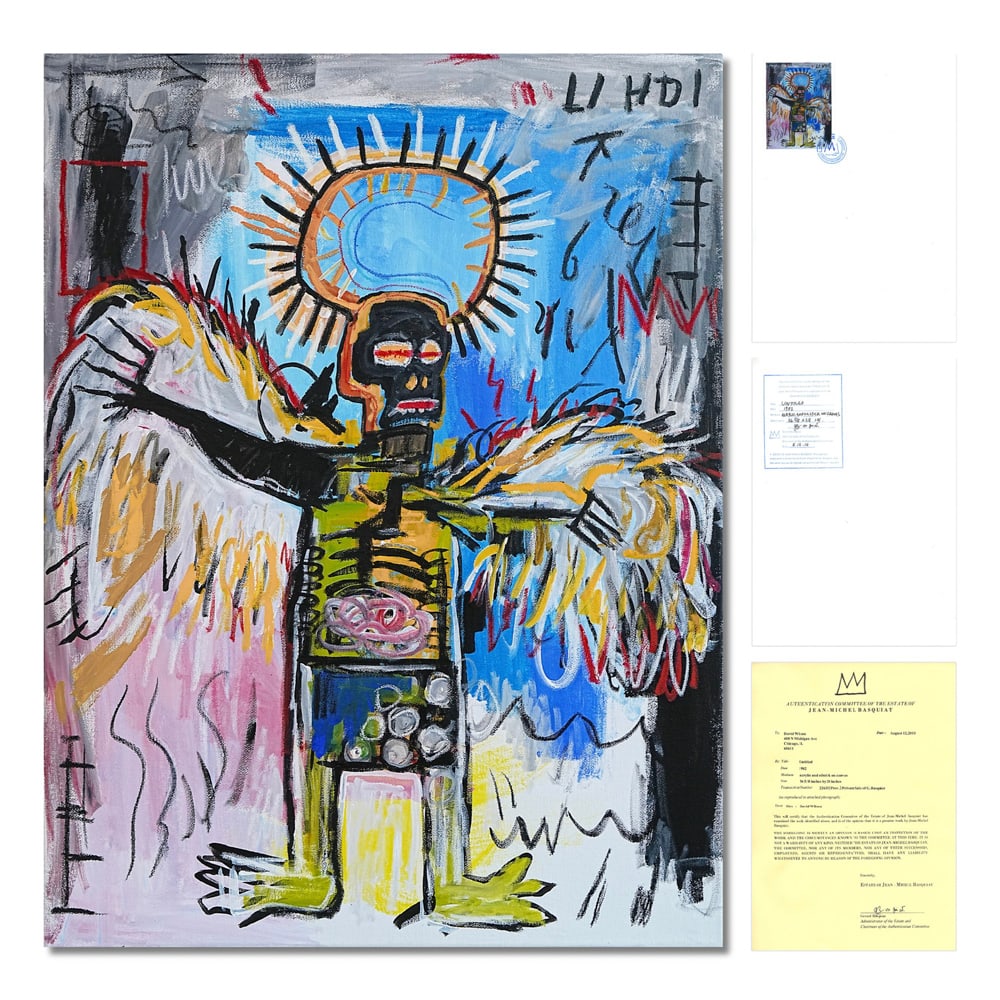 JEAN-MICHEL BASQUIAT (1960-1988), ACRYLIC AND OILSTICK ON CANVAS: Signed (verso) Image Dimensions: 36 5/8 x 28 in (93 x 71 cm) This painting comes with COA. This electrifying 1982 work by Jean-Michel Basquiat, executed in acrylic and oilstick on canvas, stands as a