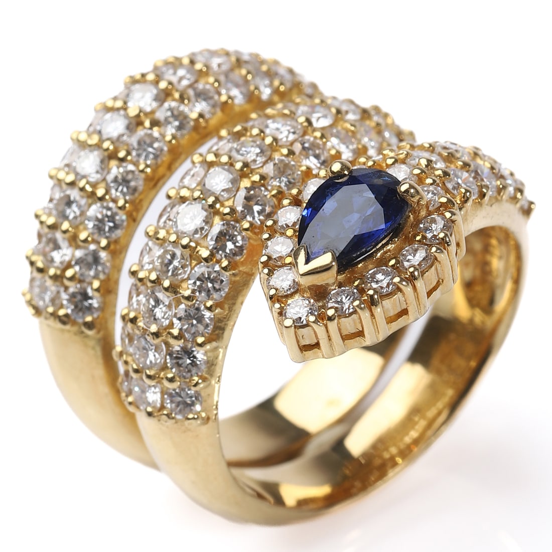 GOLD AND DIAMOND SERPENT-FORM RING WITH SAPPHIRE: Dimensions Inner diameter: 18.2 mm; Weight: 20.8 g Description A luxurious 18k gold serpentine ring designed in a coiling, wrap-around form, fully pavé-set with brilliant-cut diamonds that create