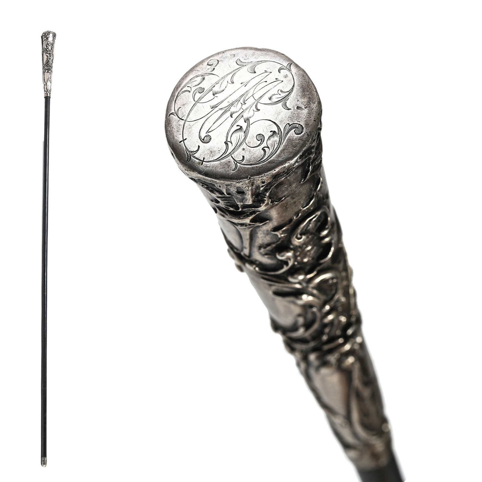 ANTIQUE SILVER-MOUNTED DRESS CANE WITH FIGURAL ART NOUVEAU HANDLE (1 of 6)