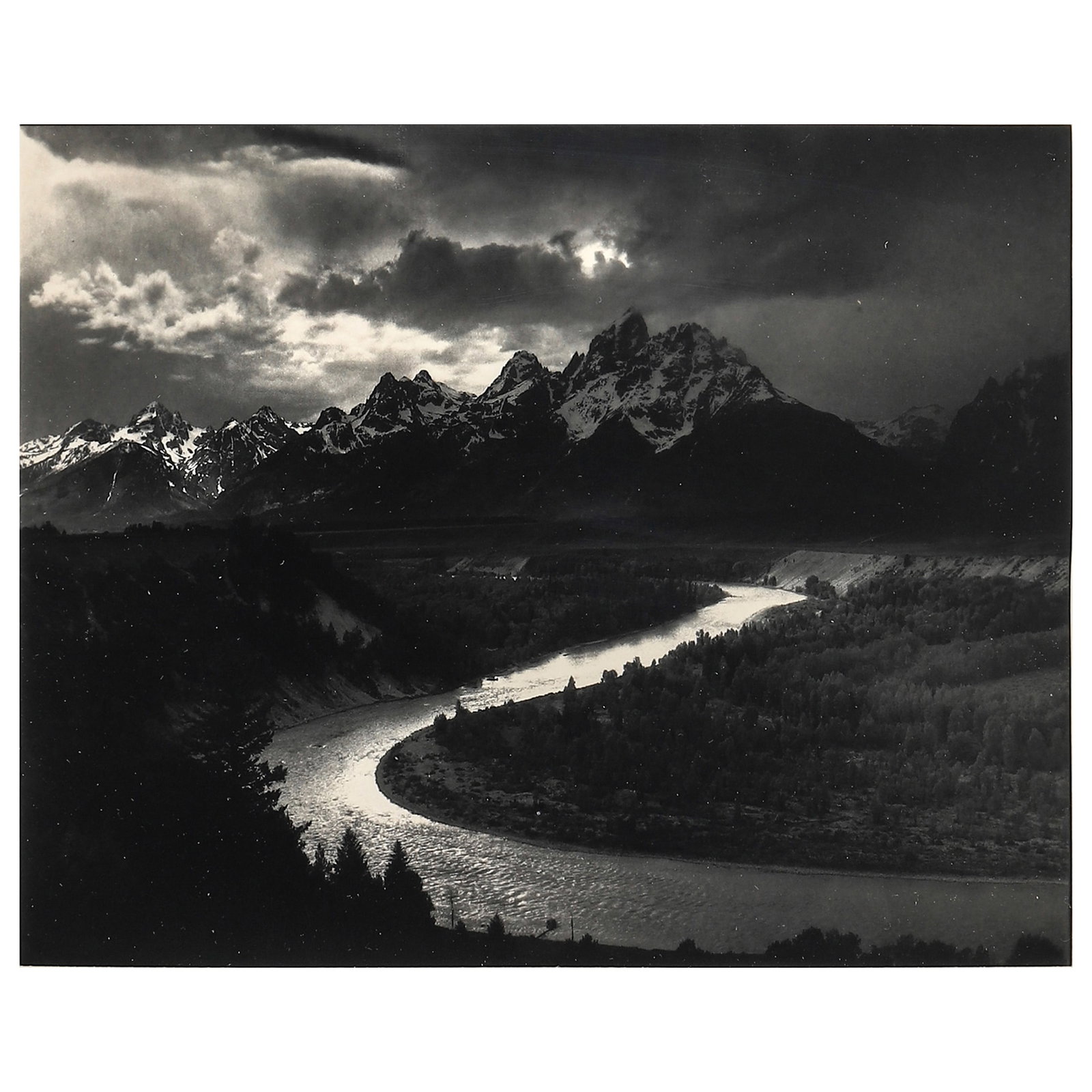 ANSEL ADAMS (1902–1984)GRAND TETONS AND THE SNAKE RIVER, GRAND TETON NATIONAL PARK, WYOMING: Description Artist ANSEL ADAMS (1902–1984) Title GRAND TETONS AND THE SNAKE RIVER, GRAND TETON NATIONAL PARK, WYOMING Medium Silver gelatin photograph, mounted on board Signature Pencil-signed at th