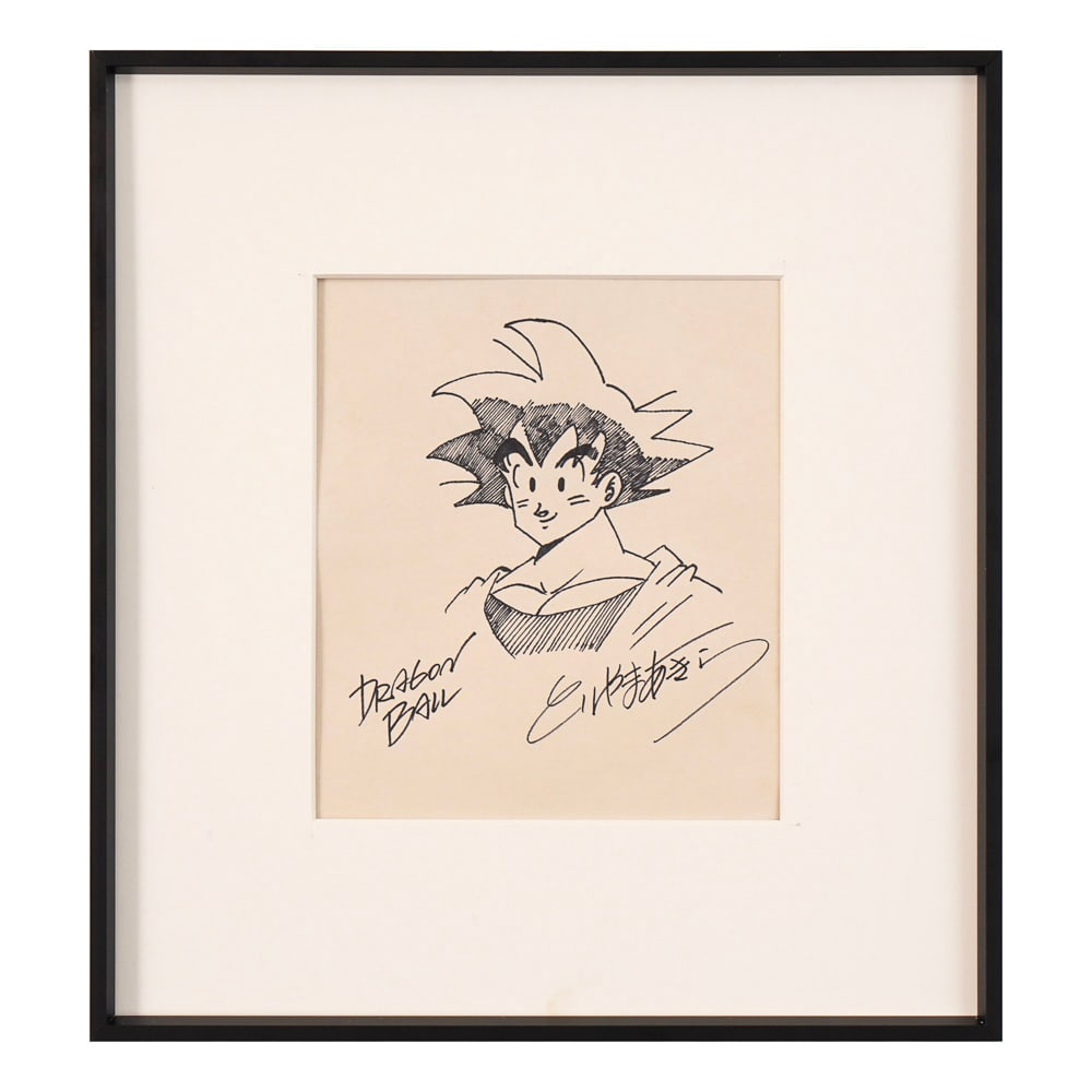 AKIRA TORIYAMA SIGNED DRAGON BALL DRAWING: Image Dimensions: 8 1/8 x 6 3/4 in (20.5 x 17 cm) Framed Dimensions : 14 3/4 x 13 5/8 in (37.5 x 34.5 cm) This signed drawing by Akira Toriyama represents a highly desirable example of